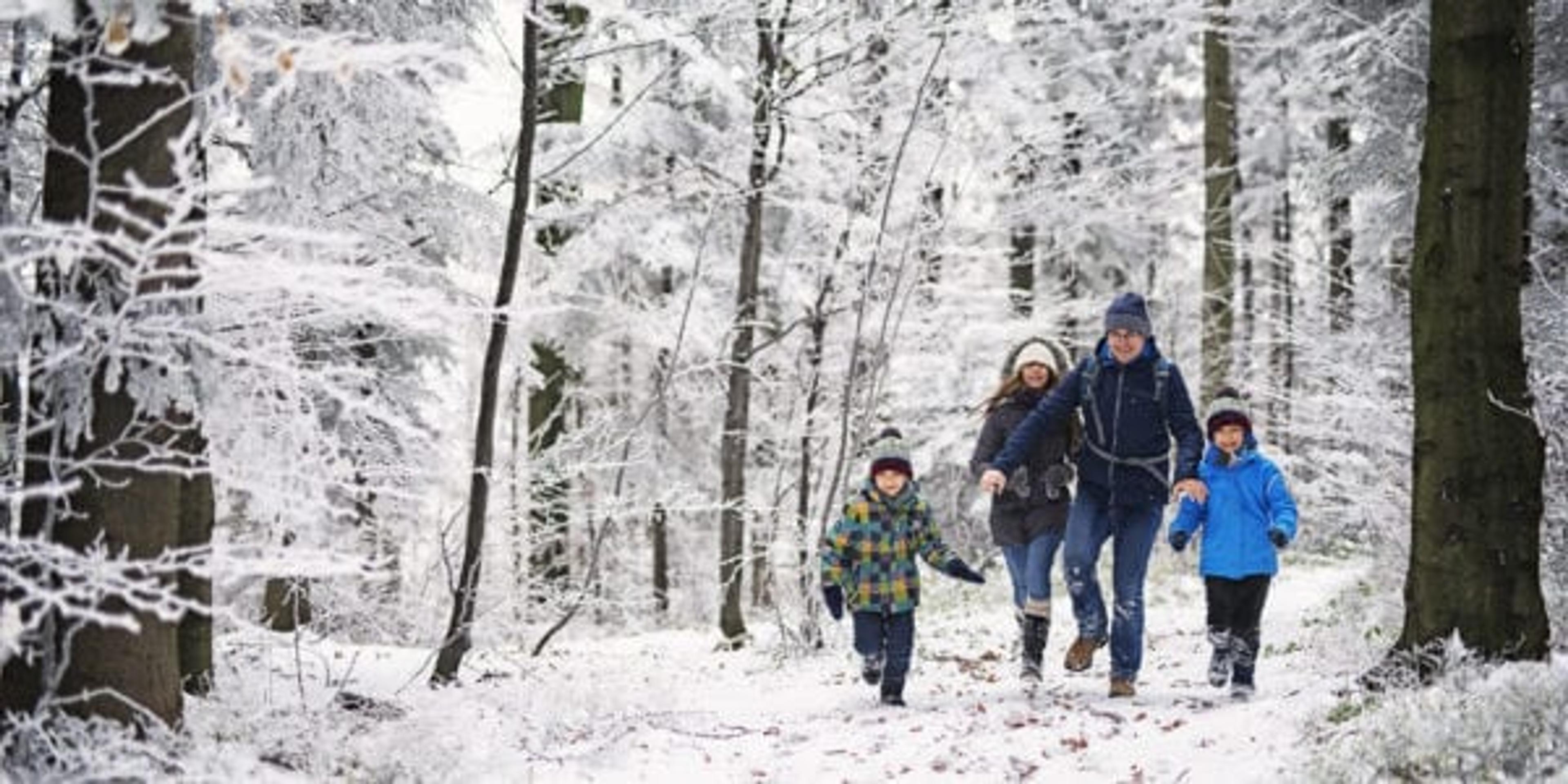 Father with three kids running in beautiful winter forest. The little girl is aged 10 and her brothers are aged 7. Cold winter day