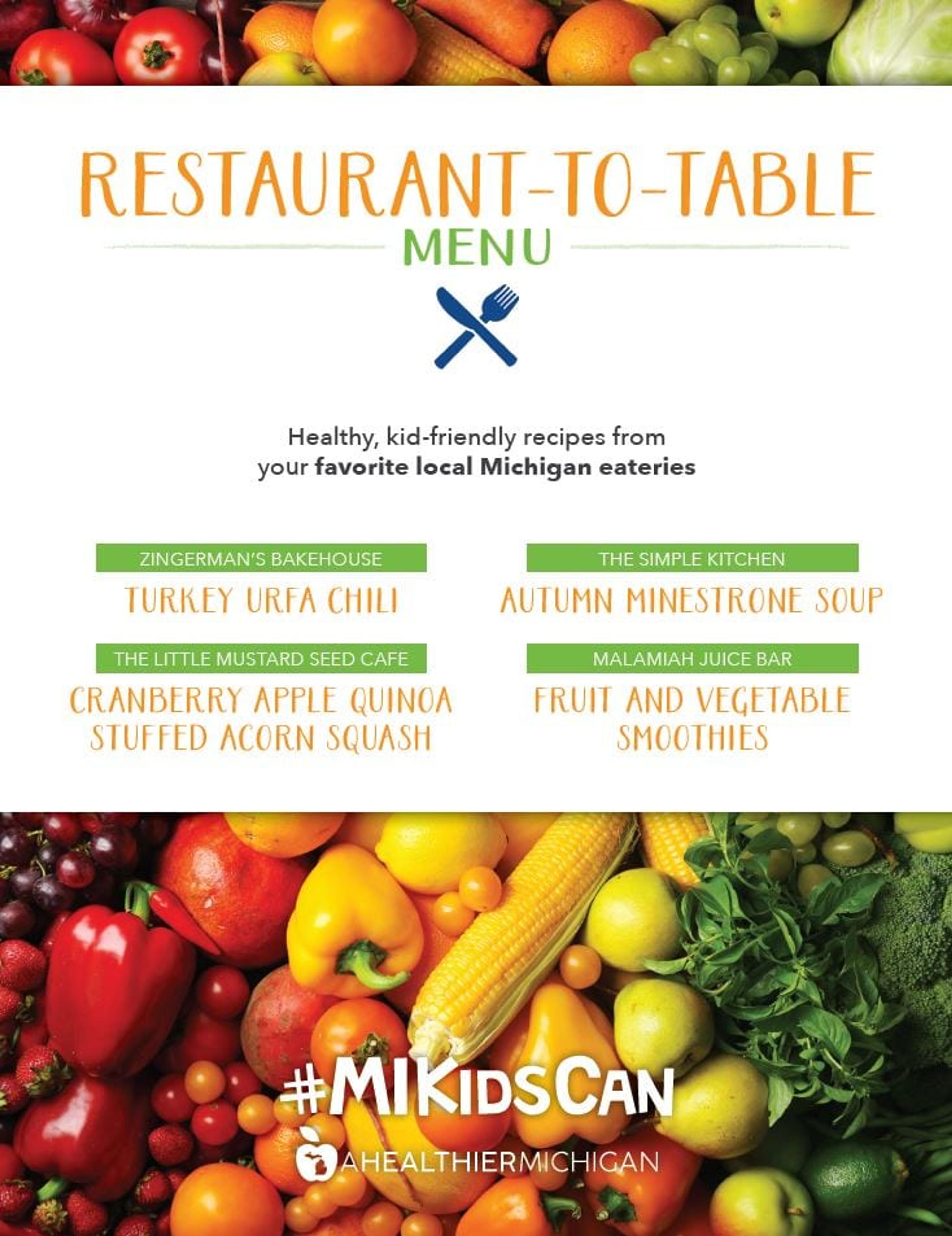 menu cover with list of recipes and an image of colorful vegetables.