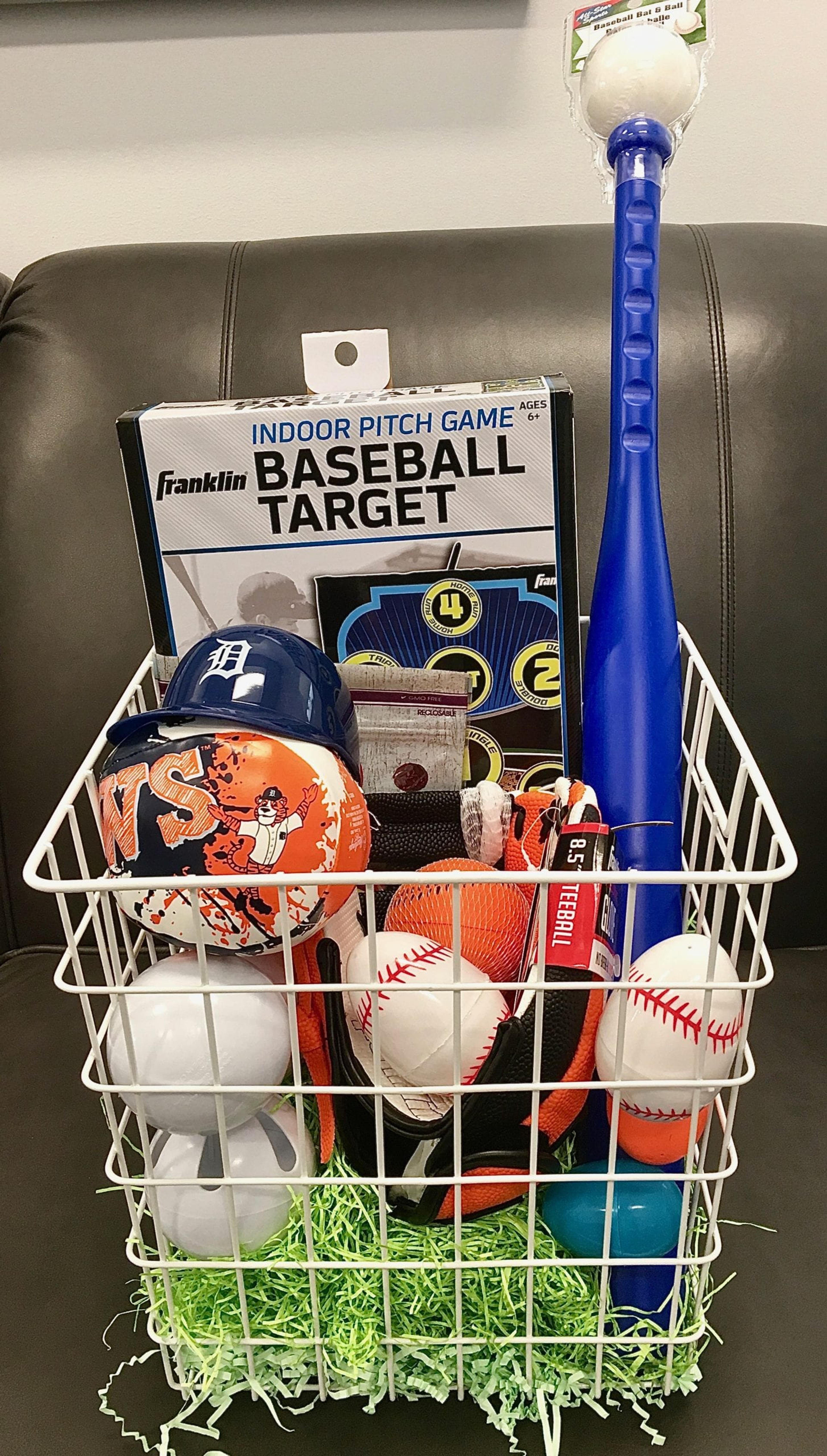 Sports themed Easter Basket which baseball accessories