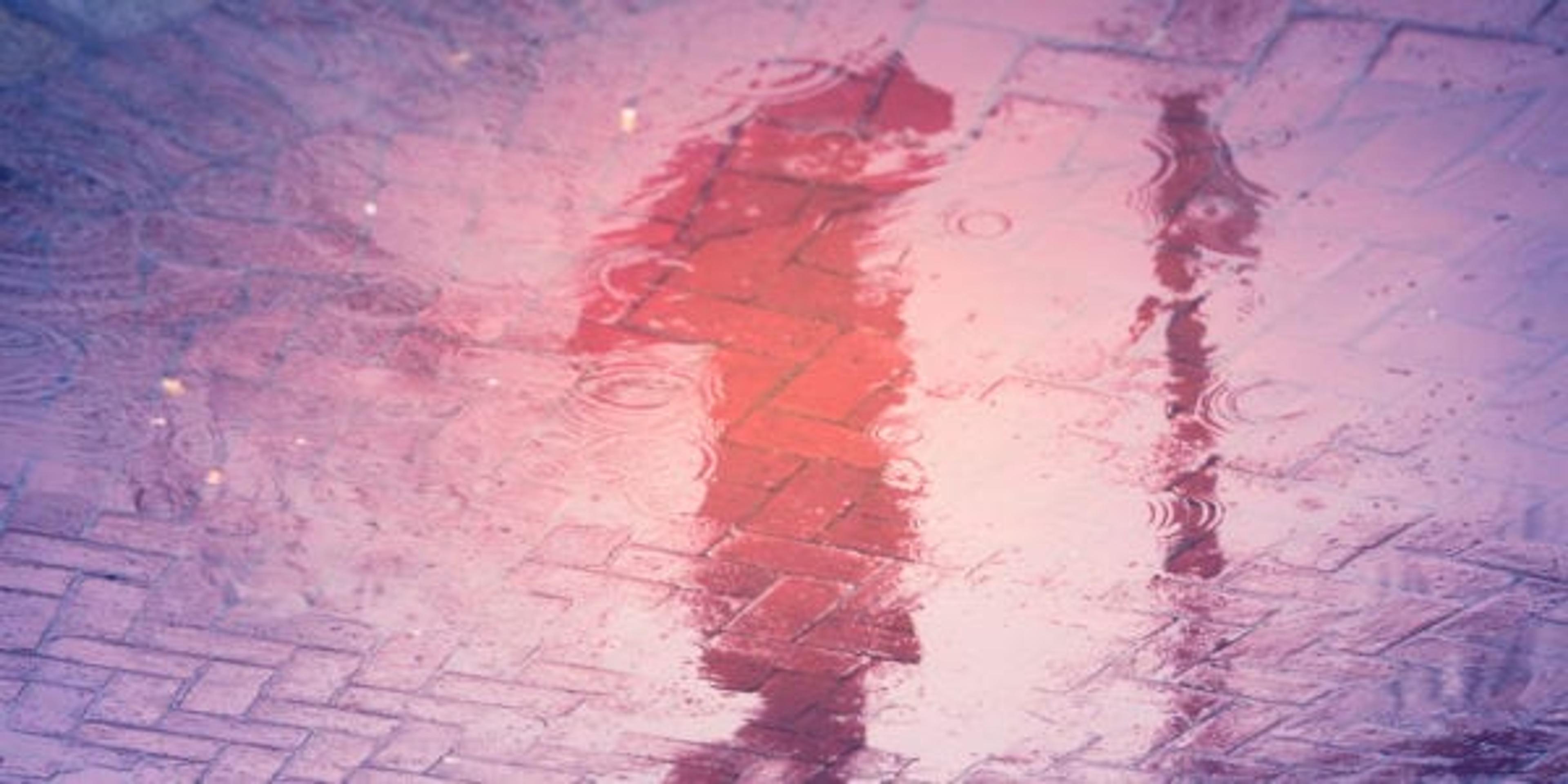 Image of woman holding an umbrella reflected in a puddle.