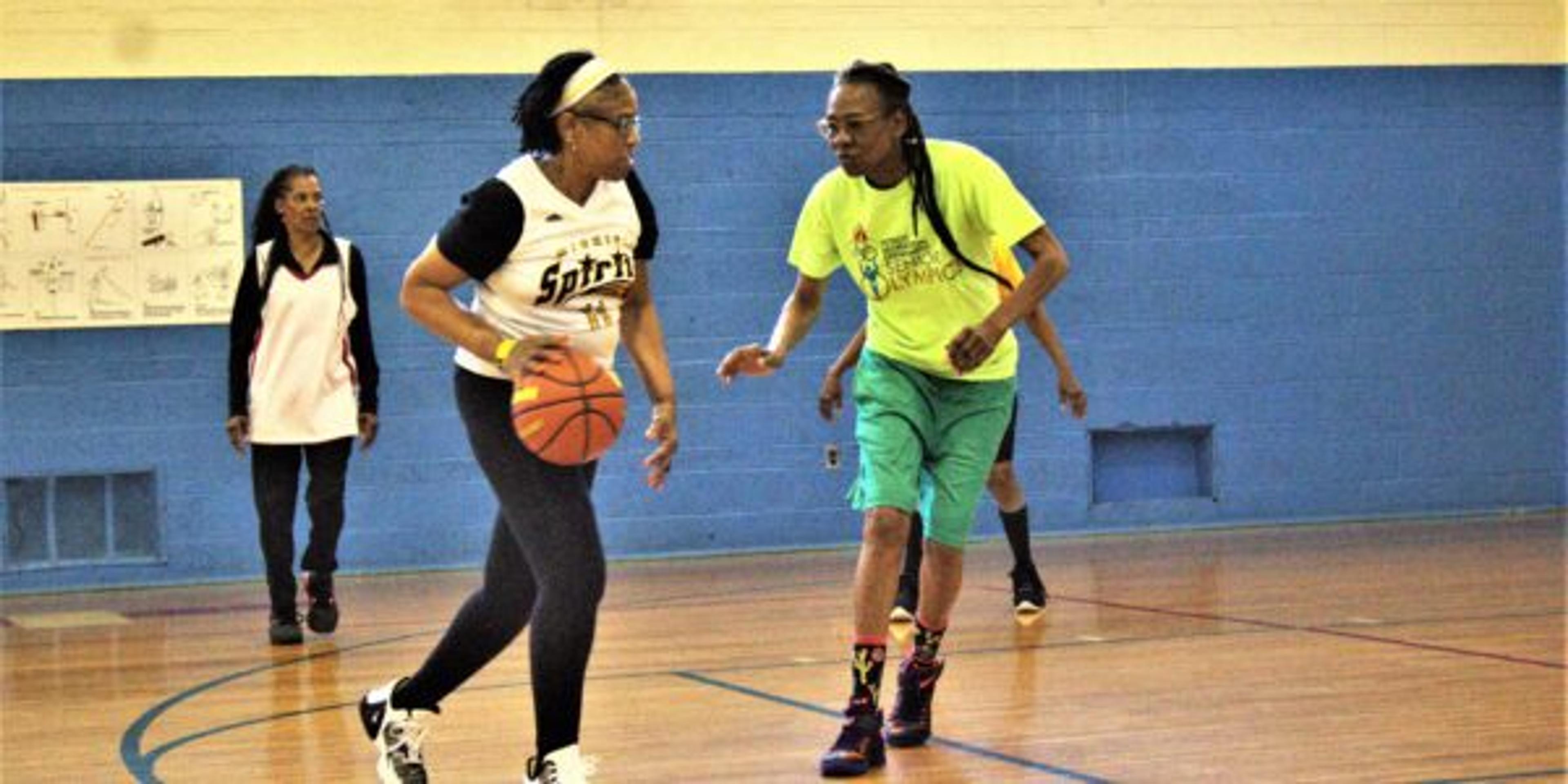 The Michigan Spirits senior women's basketball team practices at the Lasky Recreation Center in Detroit.