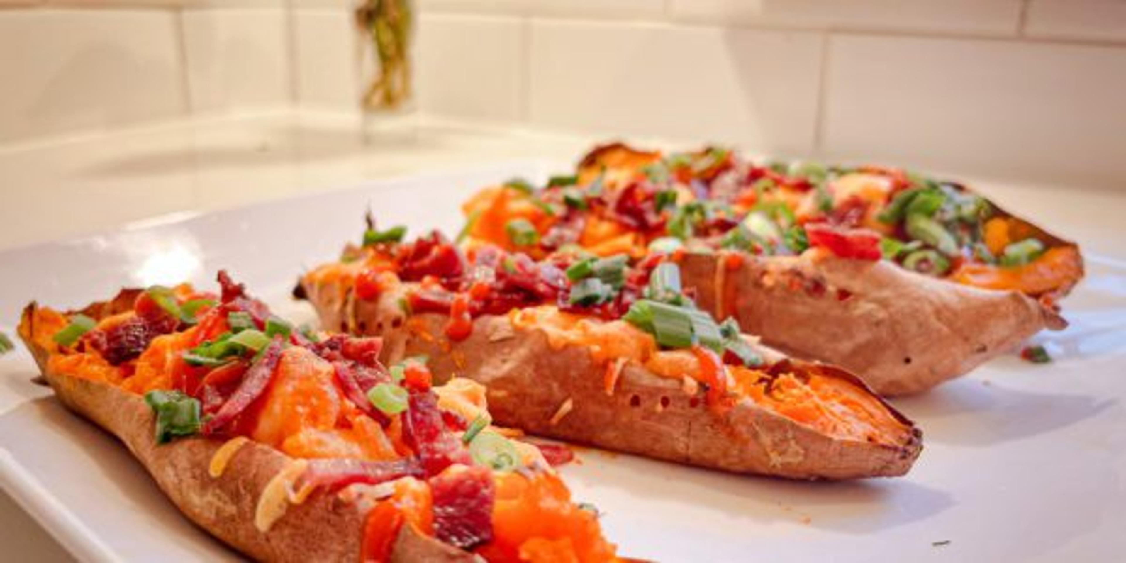 Turkey Bacon Loaded Sweet Potato Skins