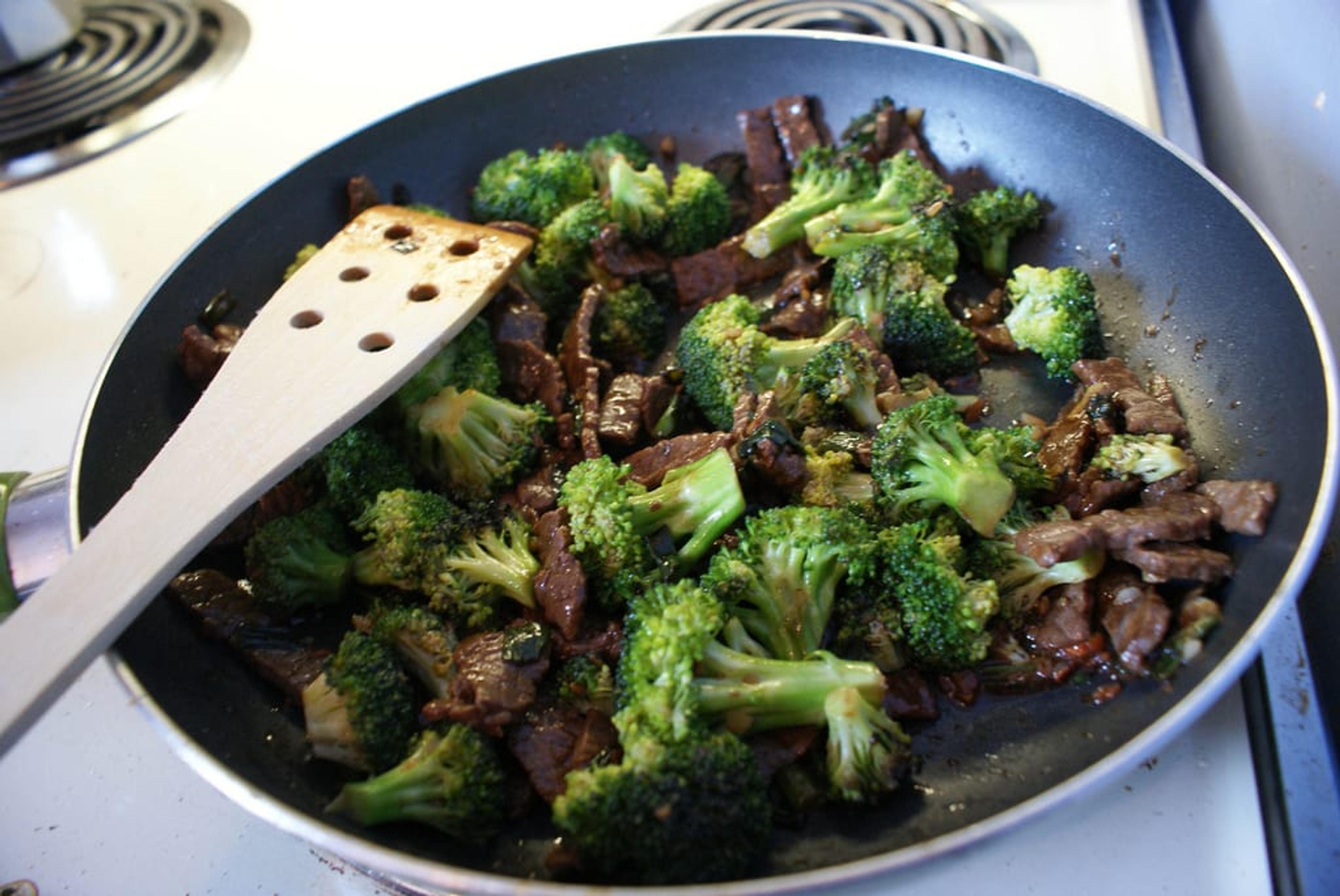 Beef and broccoli in a pan