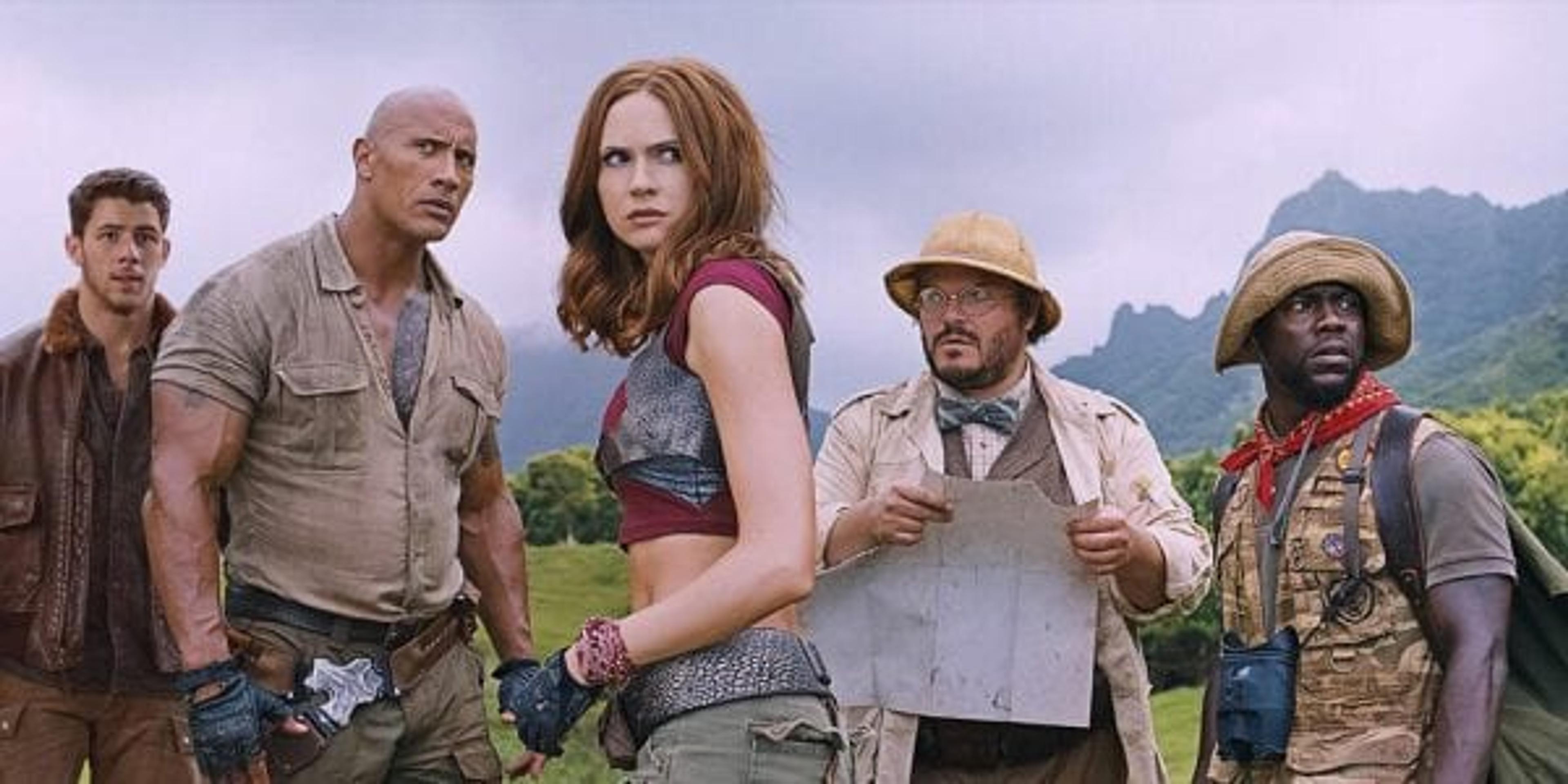 Picture of Jumanji stars Nick Jonas, Dwayne “The Rock” Johnson, Karen Gillan, Jack Black and Kevin Hart.