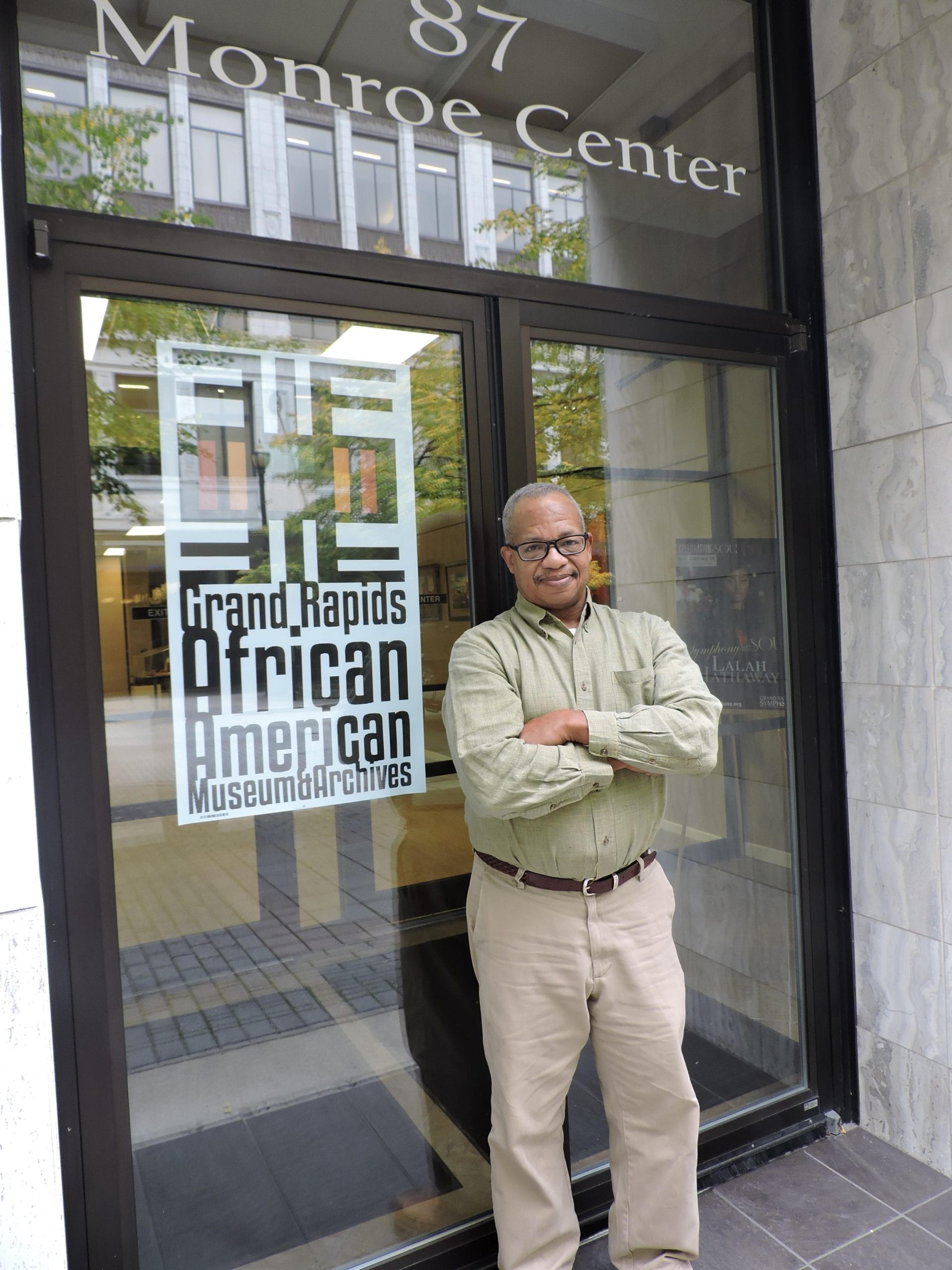 George Bayard III in front of the newly opened Grand Rapids African American Museum and Archives at 87 Monroe Center St. NW in downtown Grand Rapids.