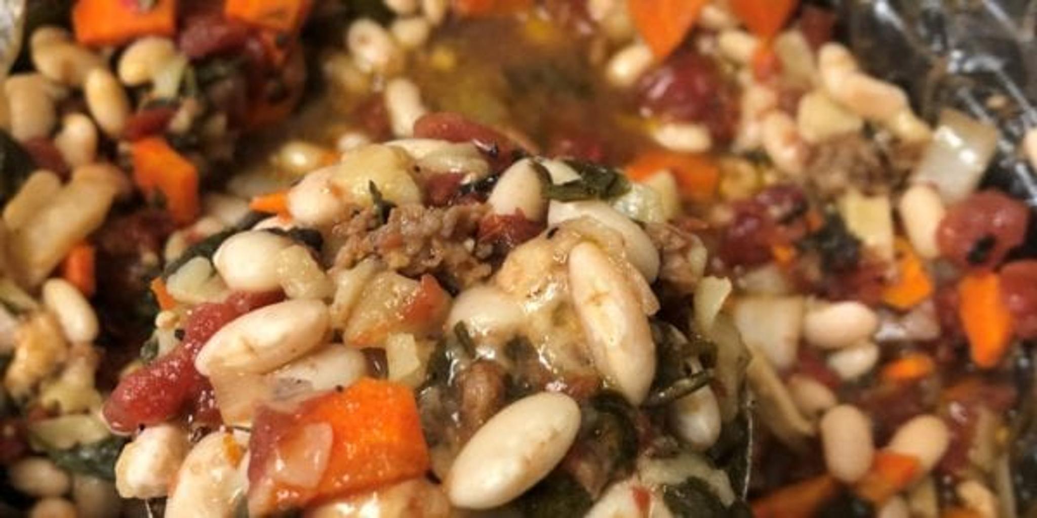 Slow Cooker Sausage, Bean and Pasta Stew