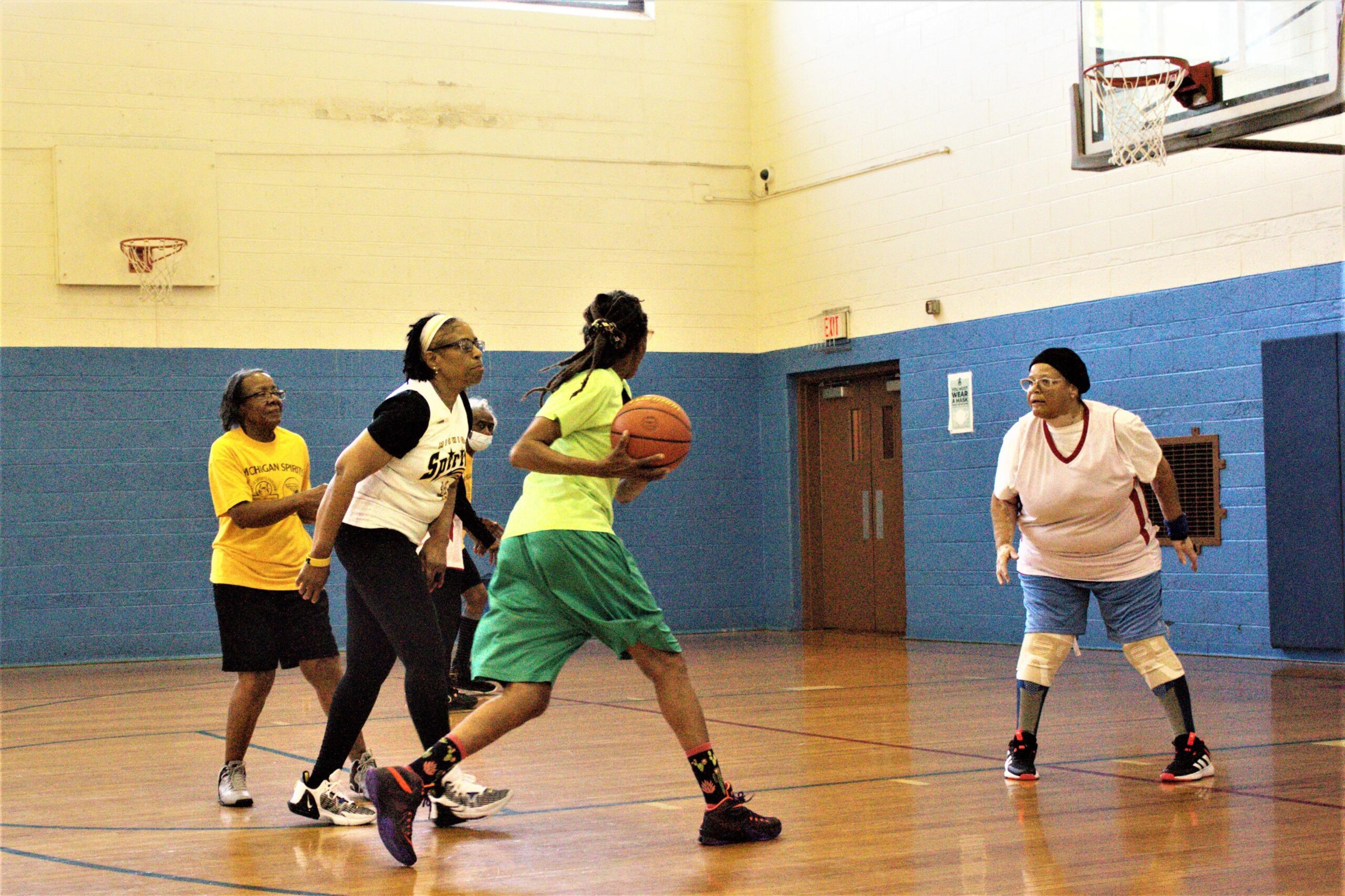 The Michigan Spirits senior women's basketball team practices at the Lasky Recreation Center in Detroit.