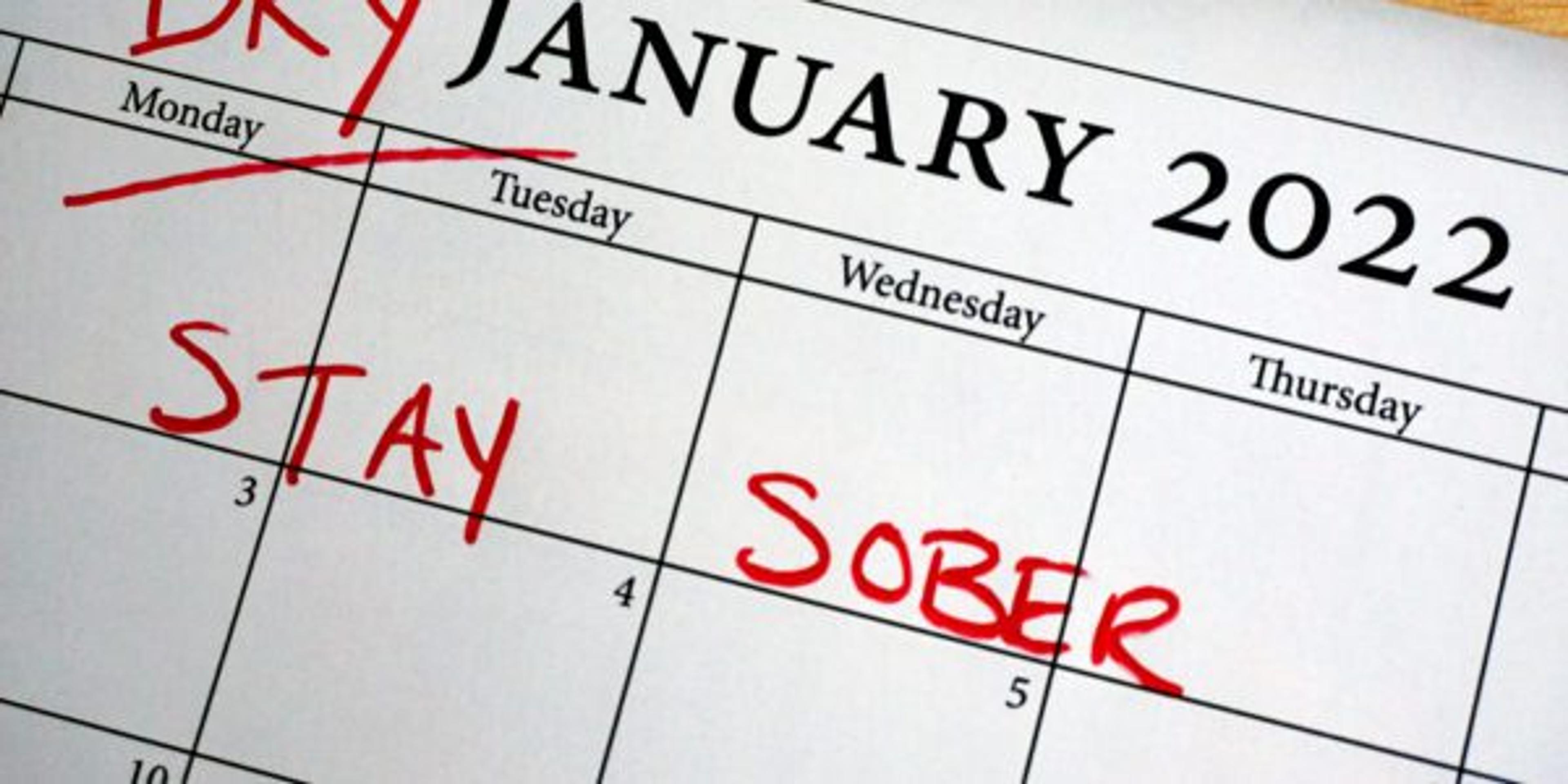 Reminder on a calendar for January that it is Dry January, an alcohol-free month of sobriety