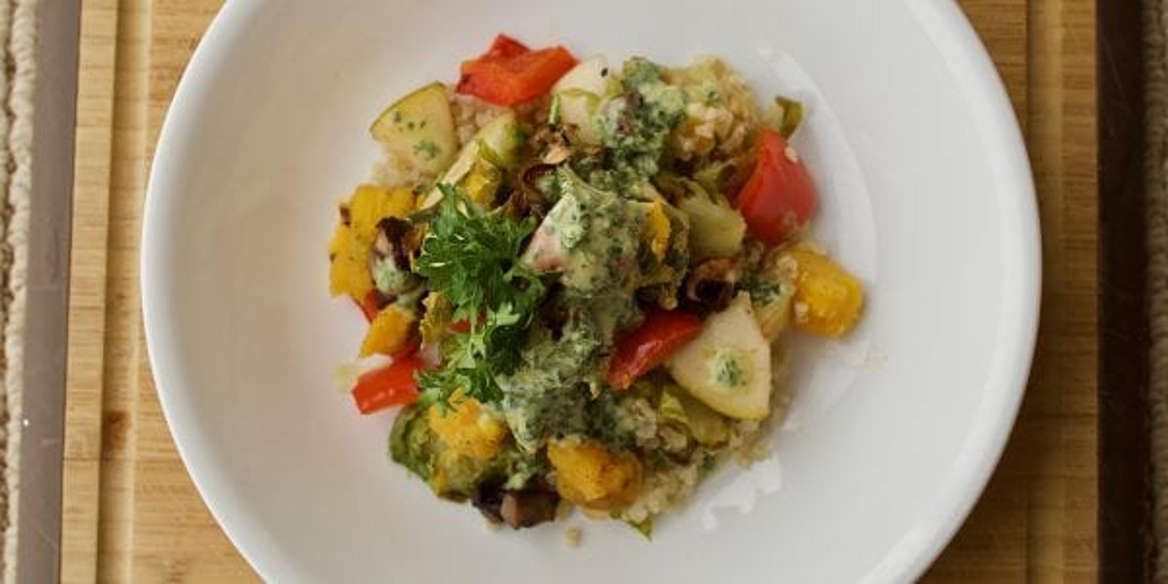 Pear and Roasted Fall Produce with Tahini Dressing