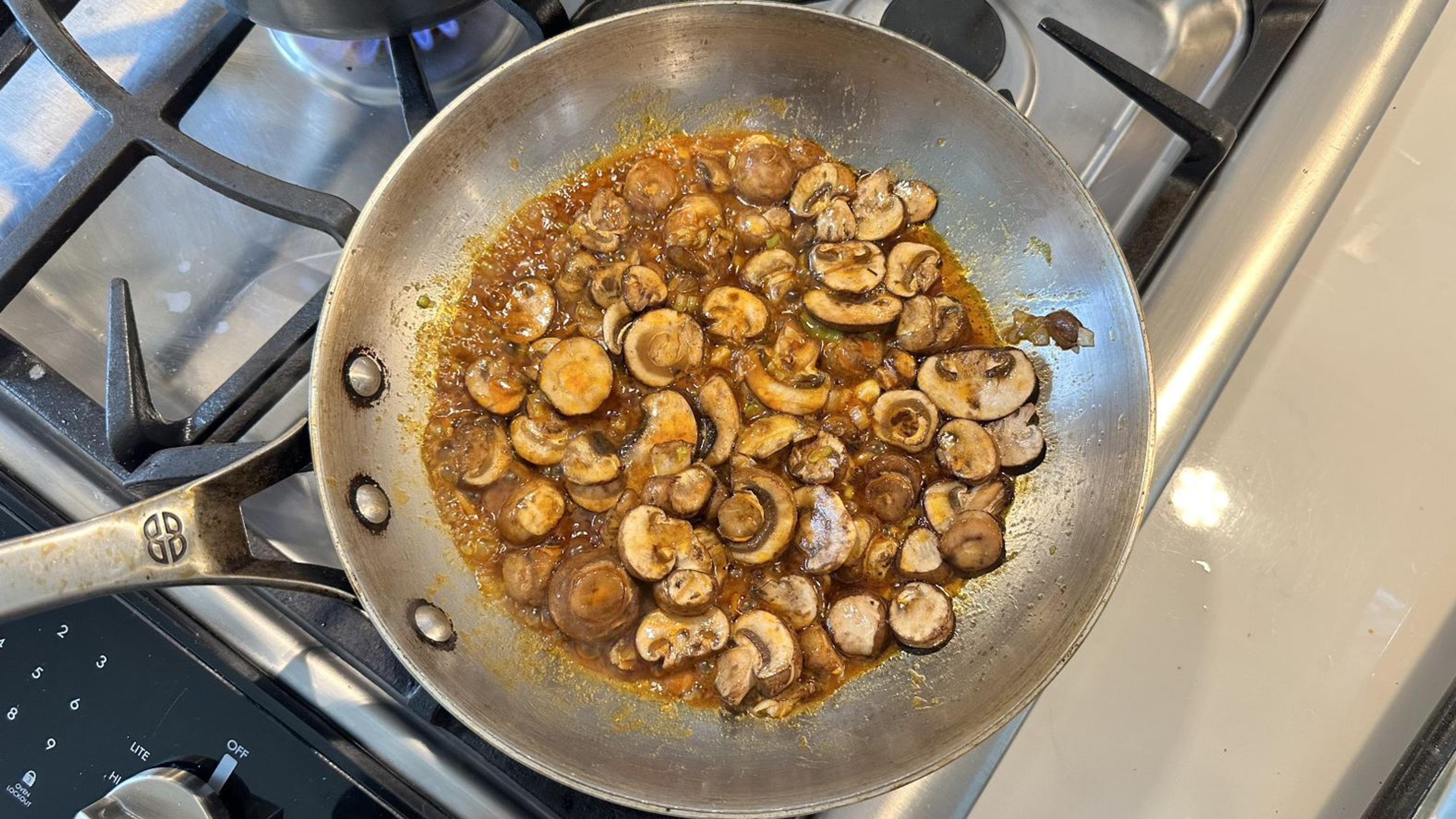 Add gochujang paste and mix in. Allow to sear for 2 minutes. Add honey and stir, then add mushrooms and turn temperature up to medium. Coat the mushrooms in the sauce and allow to cook until softened, about 5-7 minutes, stirring occasionally.