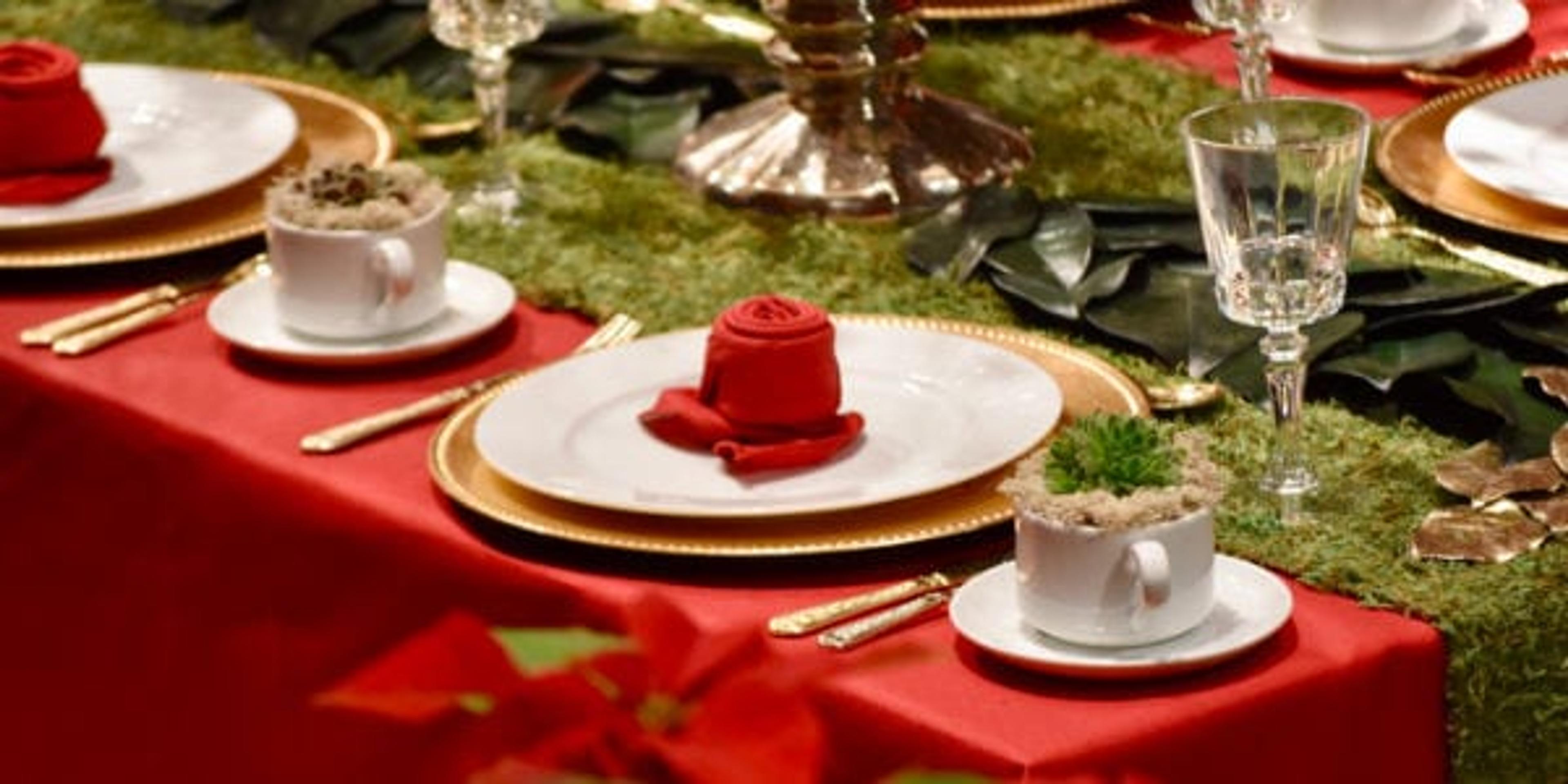 Red table with red and white place setting