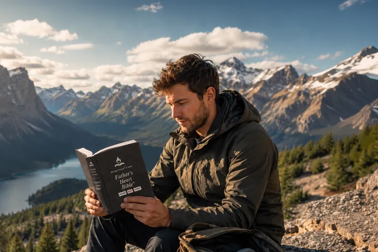 A man sits on a mountain summit above a glacial lake, reading the print Father's Heart Bible.