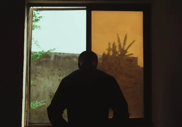 A man standing at a window with his back to the room
