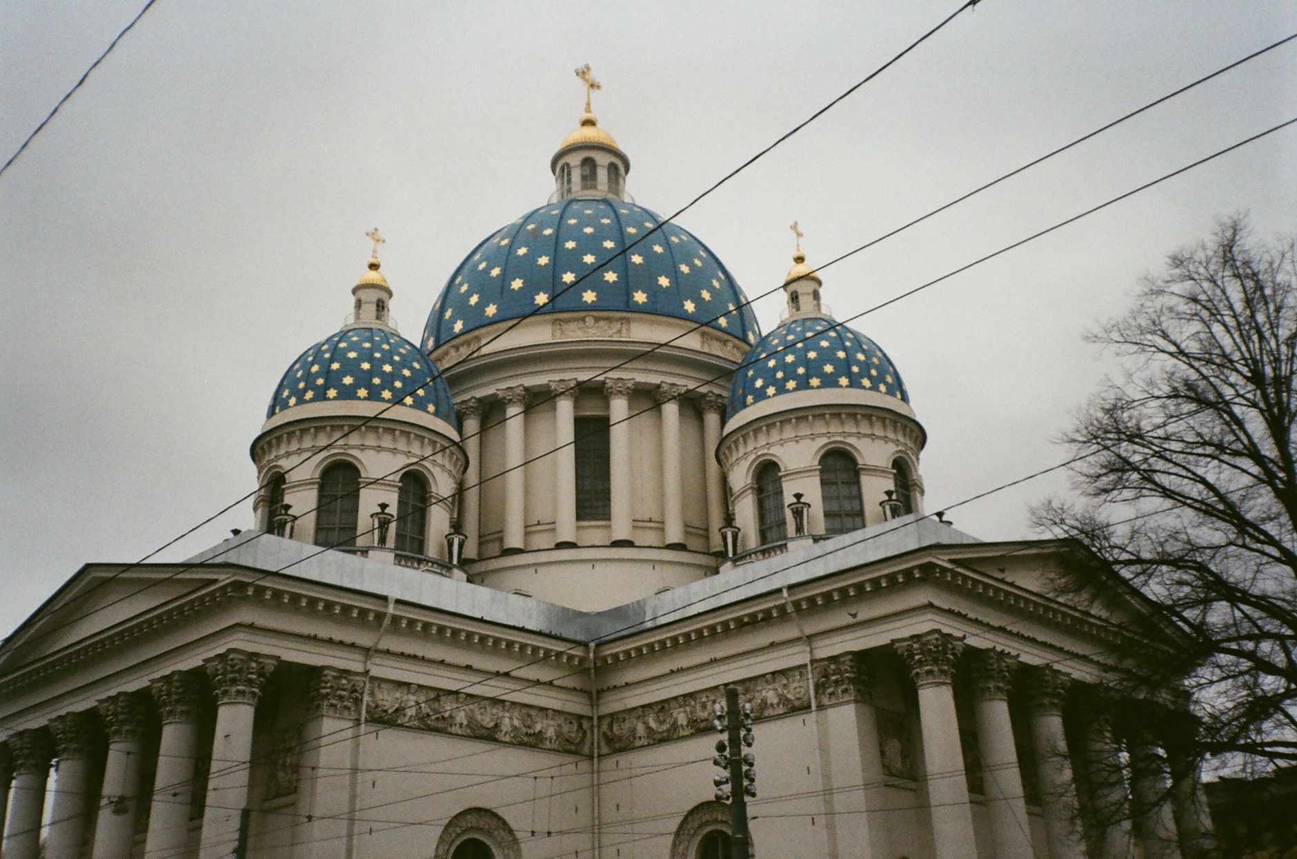 The blue star-spangled domes of the Trinity Cathedral, Saint Petersburg