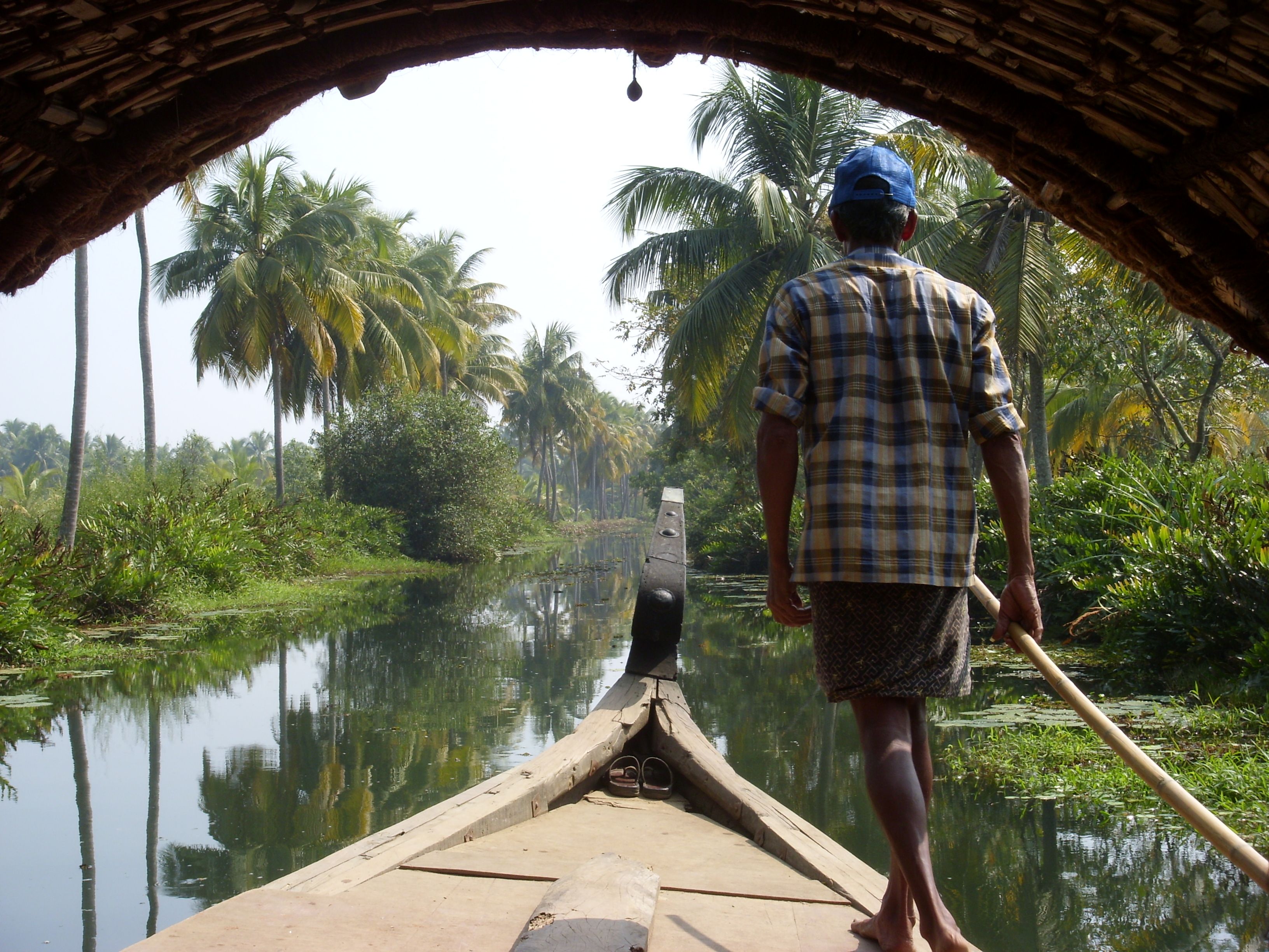 Houseboat on the palm-lined backwaters of Kerala, India