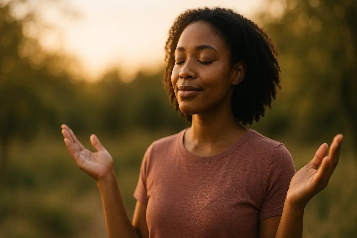 A young woman standing in golden hour light with eyes gently closed and open hands lifted in quiet gratitude — the posture of a beloved daughter receiving from the Father before she gives anything in return.