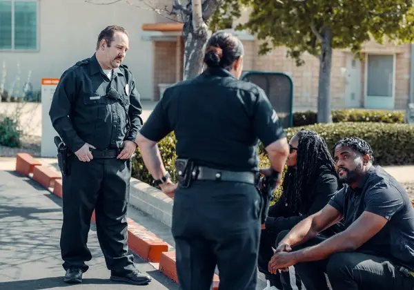 Police officers talking with members of the community
