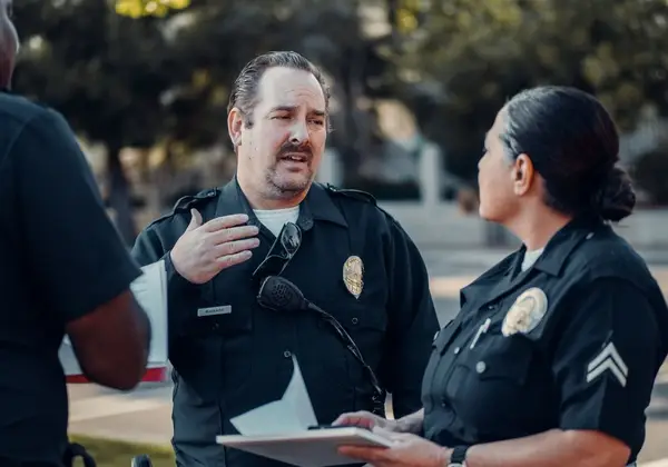 Two officers, a man and a woman, talking through a hard moment