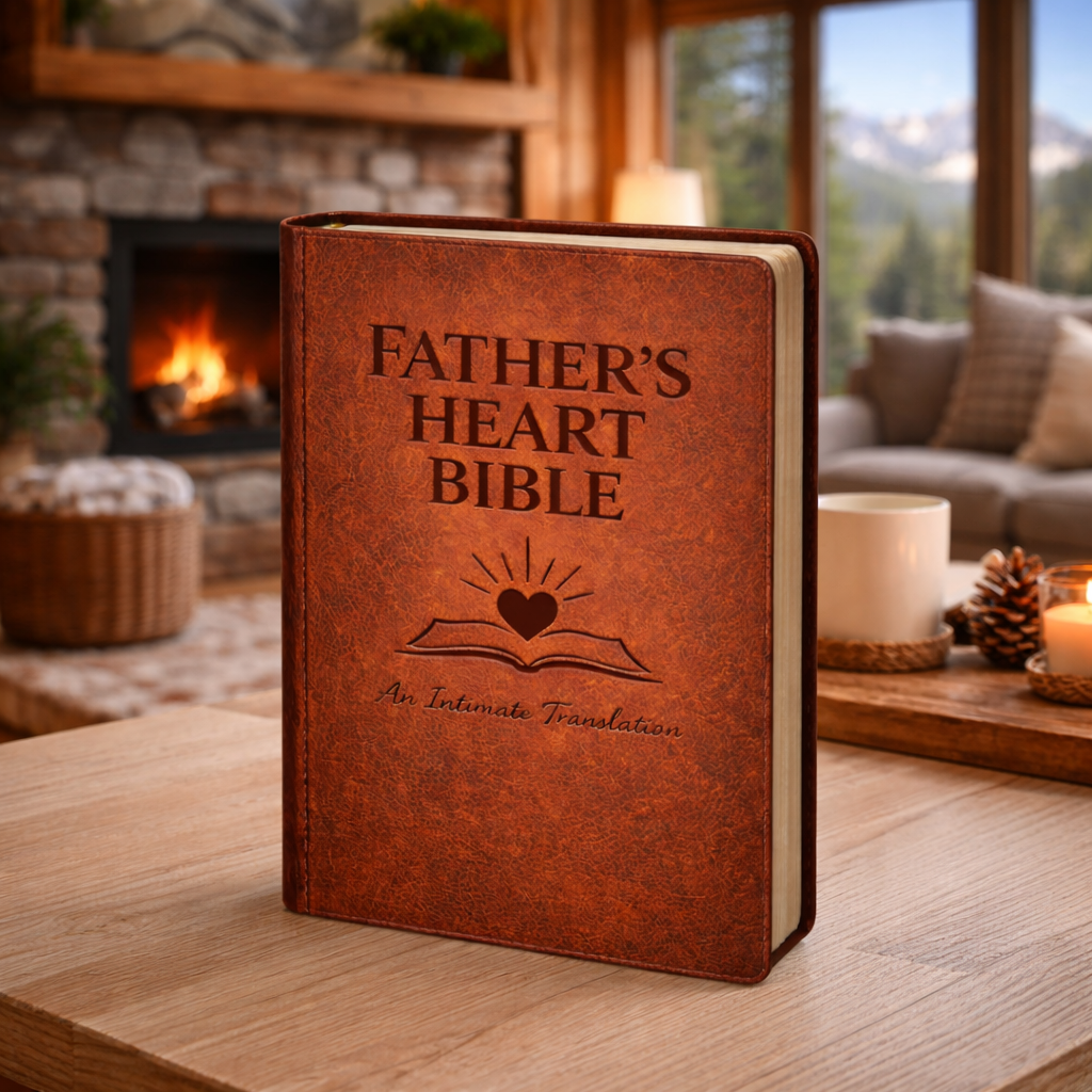 The Father's Heart Bible resting on a wooden table by a fireplace — the translation that puts the Spirit-cry of "Abba, Father" in plain English where every son and daughter can hear it.