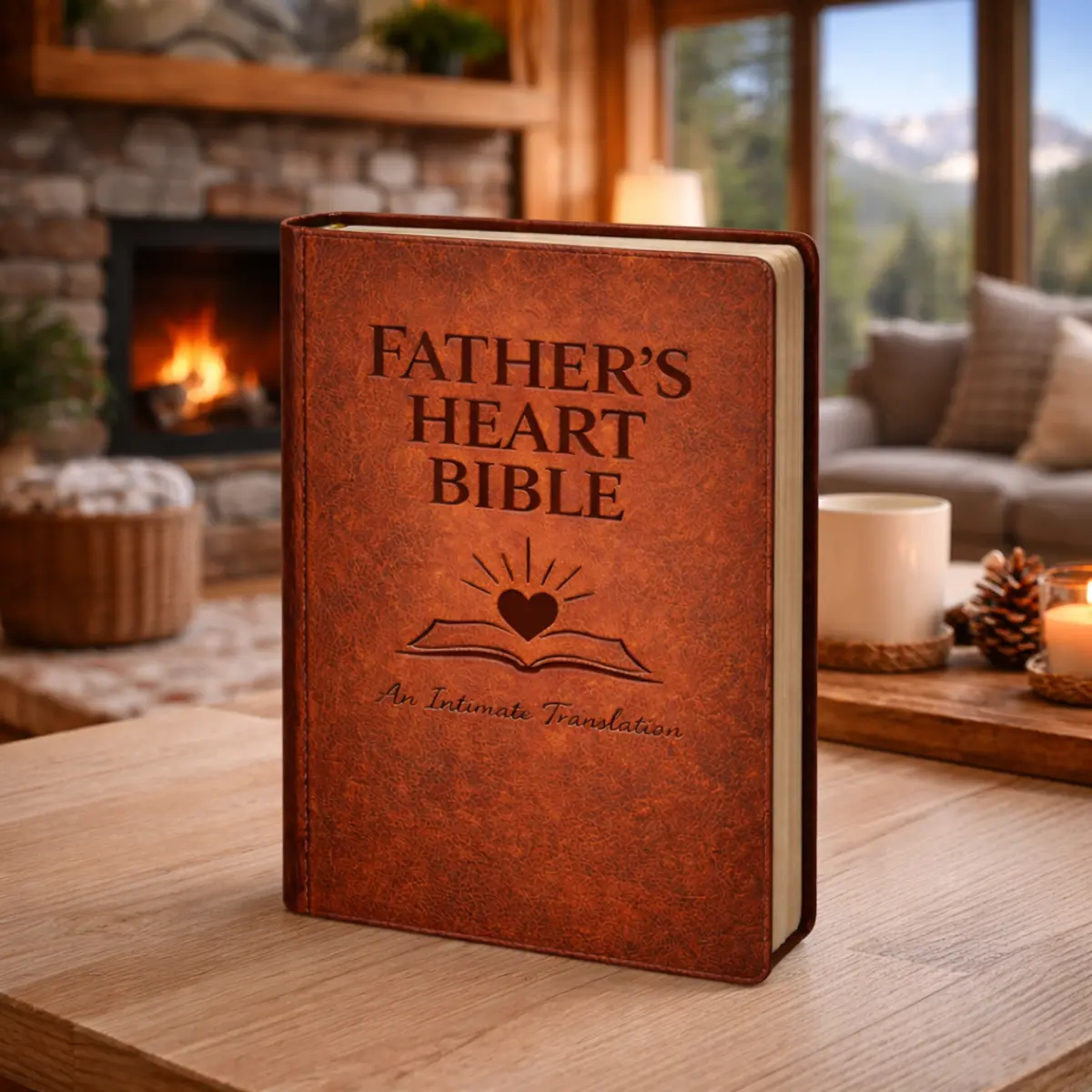 The Father's Heart Bible resting on a wooden table by a fireplace — the translation that puts the Spirit-cry of "Abba, Father" in plain English where every son and daughter can hear it.