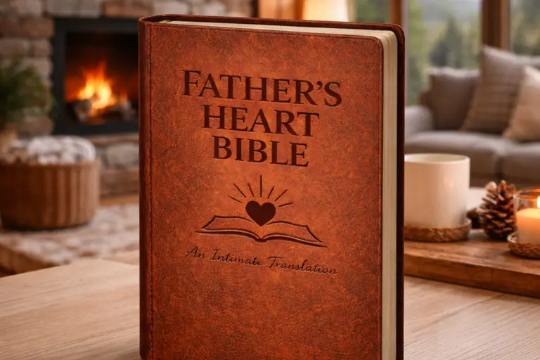 The Father's Heart Bible resting on a wooden table by a fireplace — the translation that puts the Spirit-cry of "Abba, Father" in plain English where every son and daughter can hear it.