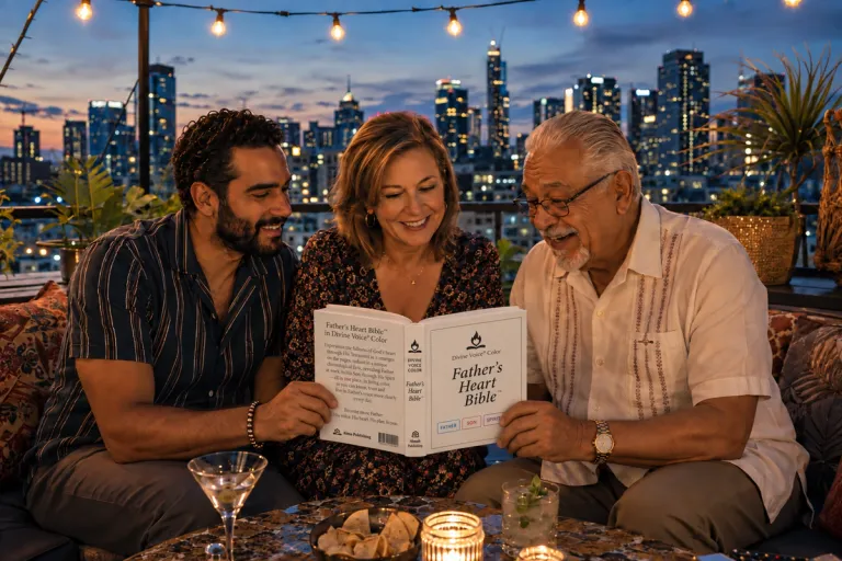 Three generations of one family reading Father's Heart Bible™ together on a rooftop at dusk, city lights glowing behind them