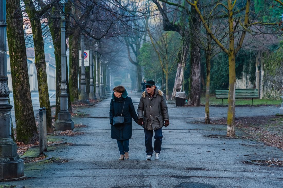 An elderly couple walking hand in hand down a misty tree-lined path