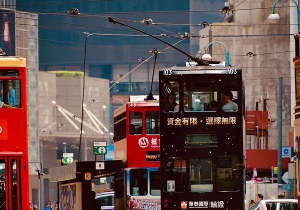 Double-decker trams on a Hong Kong street