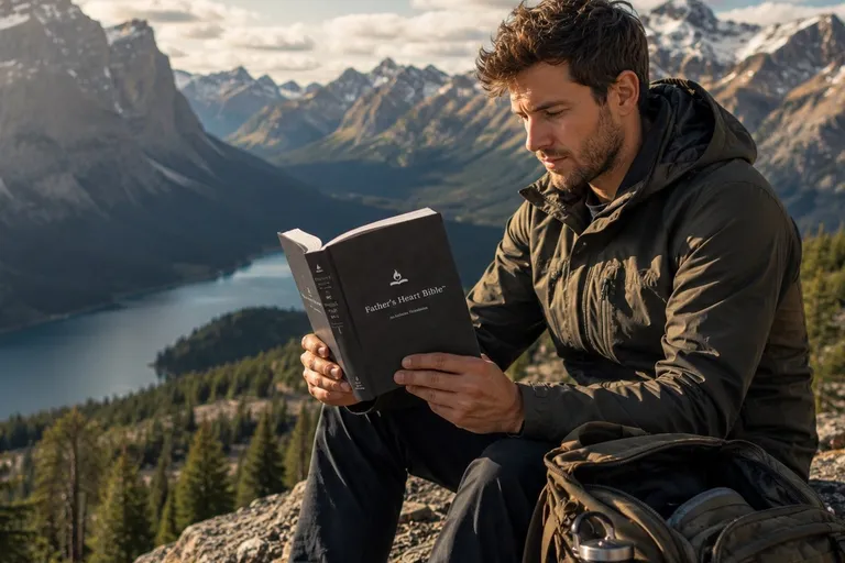 A man sits on a mountain summit above a glacial lake, reading the print Father's Heart Bible.
