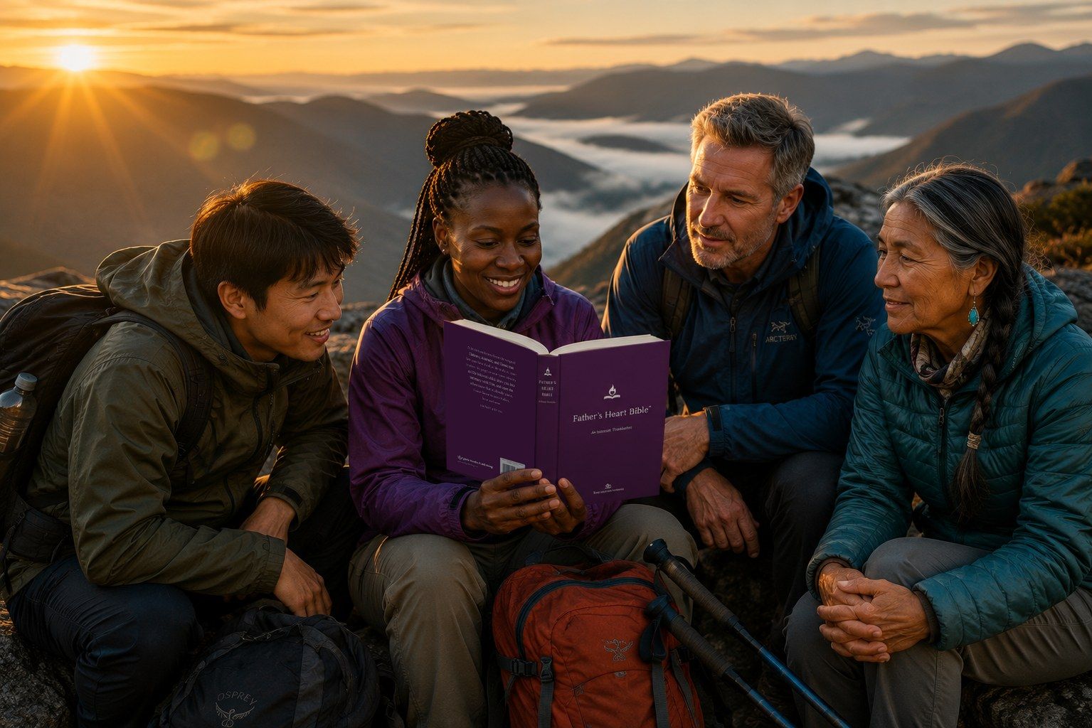 Friends reading Father's Heart Bible™ together on a mountainside at sunrise, morning mist rolling over the hills behind them