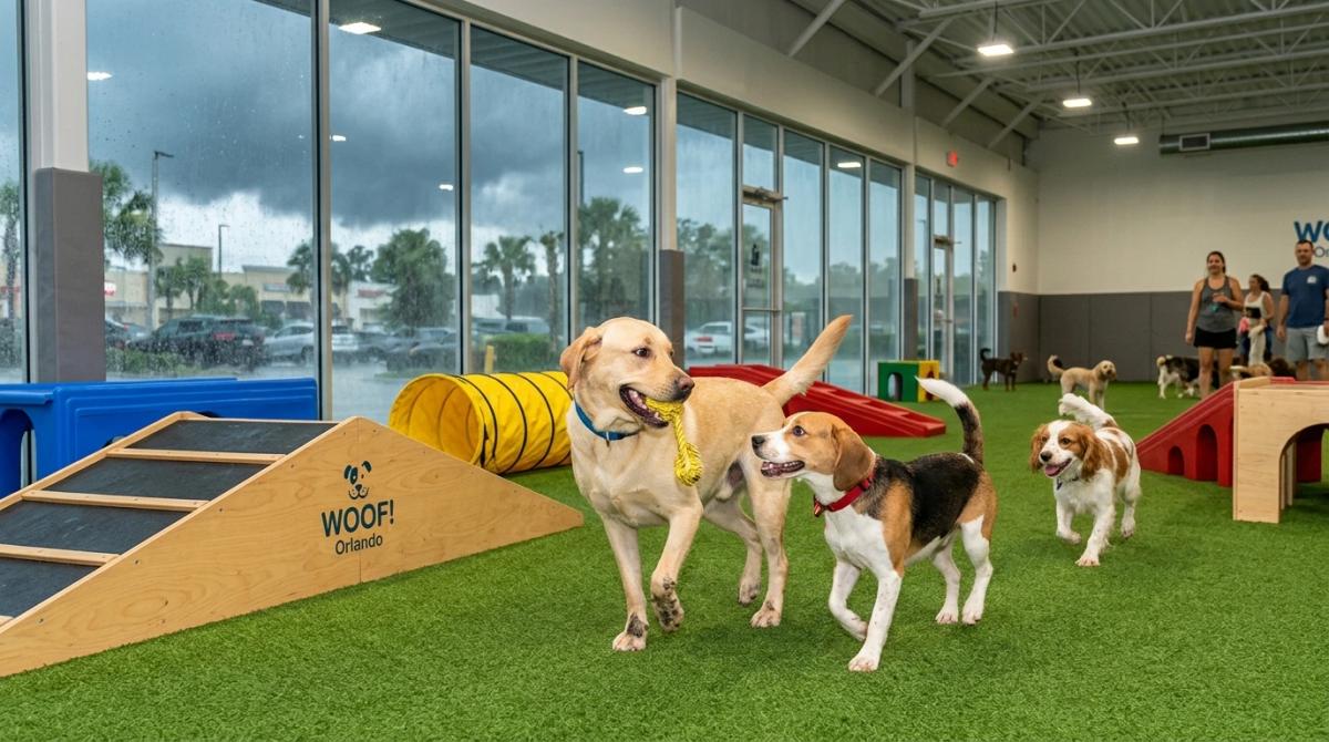 A happy Yellow Labrador Retriever and a playful Beagle enjoying synthetic turf and agility ramps inside a bright, air-conditioned indoor dog park in Orlando, Florida, with stormy afternoon rain visible through large glass windows.