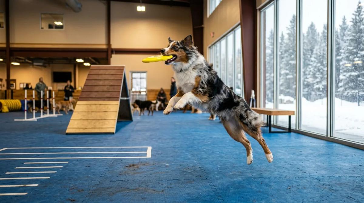 An Australian Shepherd leaping to catch a yellow frisbee inside a bright, indoor dog park with blue rubber flooring and wooden agility ramps, while a snowy pine forest is visible through the large windows