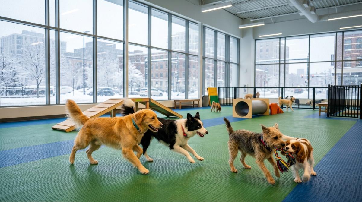A vibrant group of happy dogs playing together inside a massive, warm indoor dog park, contrasting with a snowy, freezing winter day visible through large windows.