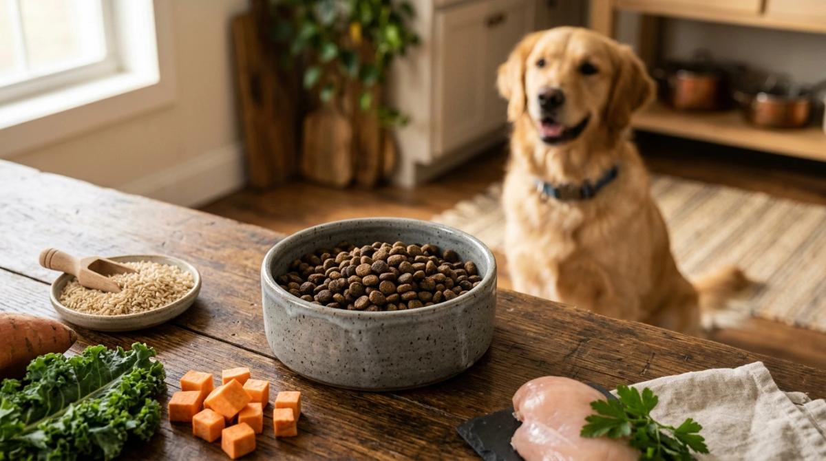A premium ceramic bowl filled with Posh Nosh dry dog kibble on a rustic wooden kitchen table, surrounded by fresh sweet potatoes and chicken, with a dog eagerly waiting in the background.