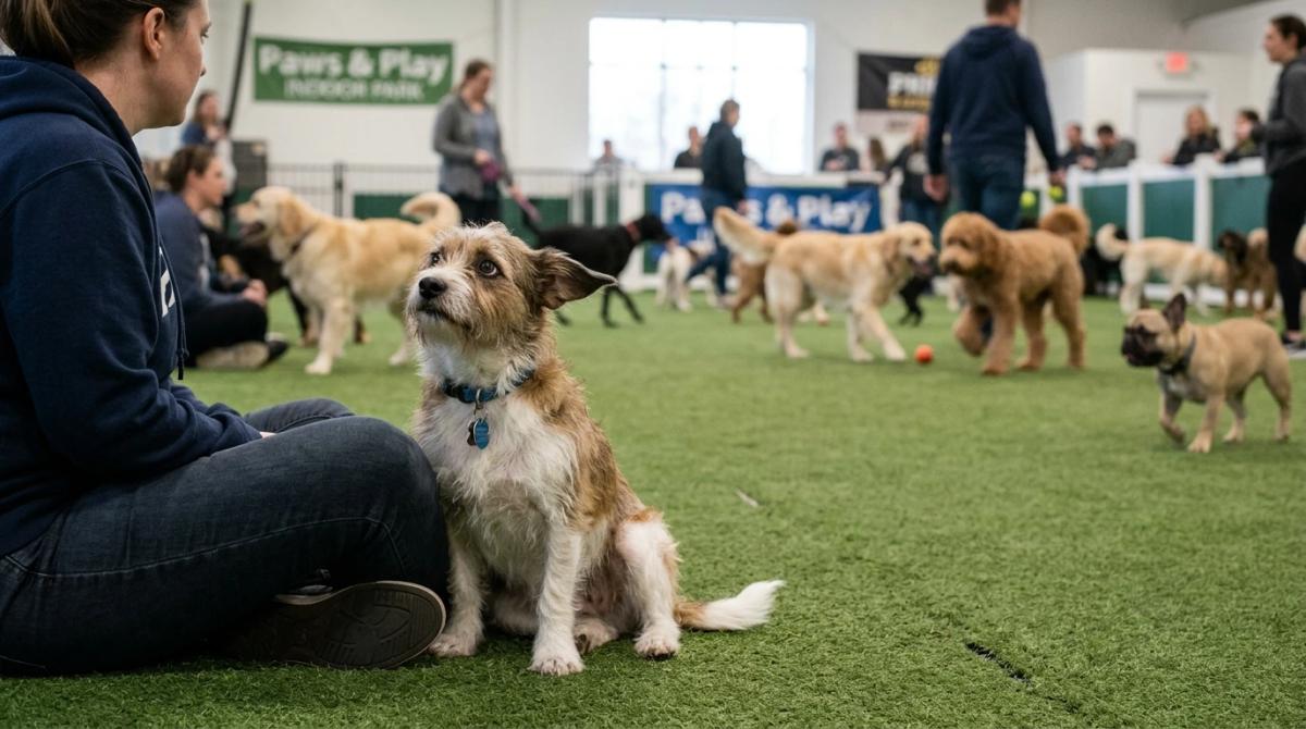 A small, overwhelmed terrier mix dog sitting closely by its owner's legs with its ears pinned back at an indoor dog park.