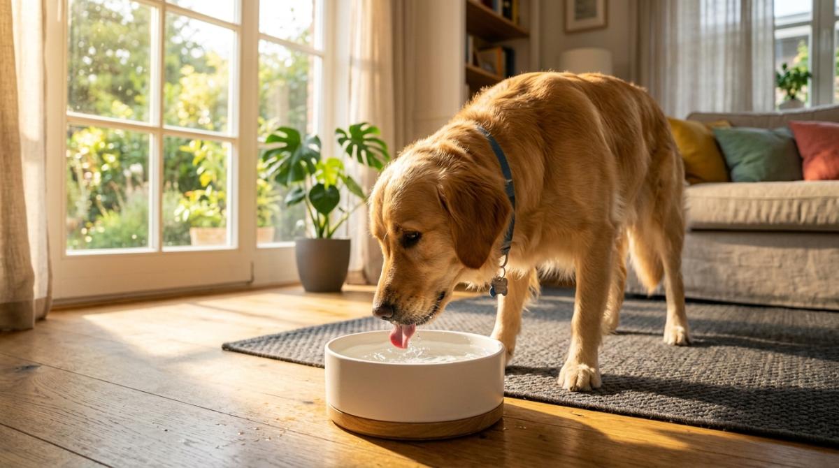 A healthy Golden Retriever happily drinking water from a modern white bowl in a sunlit living room.
