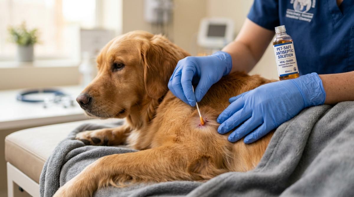 Close-up of a veterinarian's gloved hands using a cotton swab and pet-safe antiseptic solution to safely clean a tick bite on a calm Golden Retriever's skin in a bright, clean clinic setting.