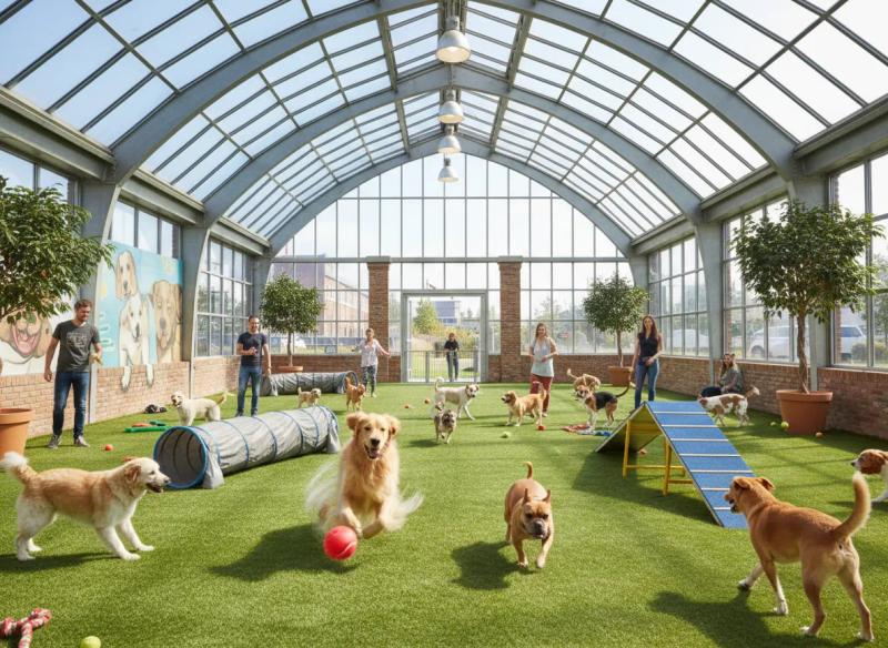 Dogs playing and running inside a modern climate-controlled indoor dog park facility on Long Island, New York