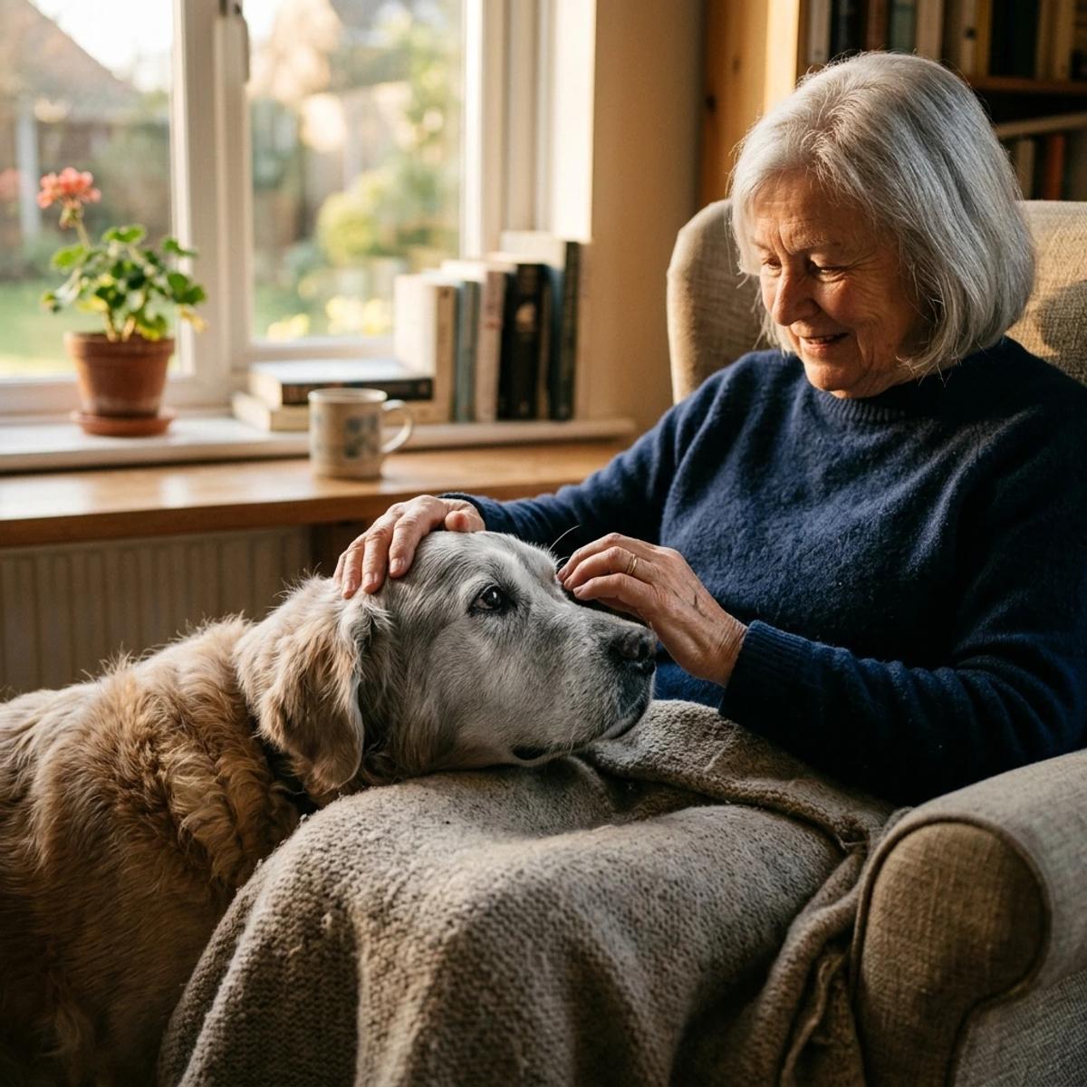 An elderly golden retriever resting its head gently on the lap of a senior woman sitting in an armchair by a sunlit window.