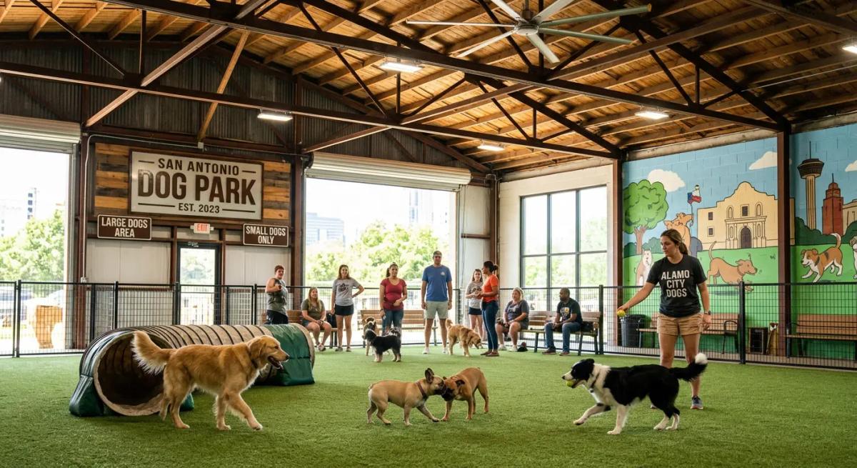 dog playing in indoor place in san antonio and their owner 