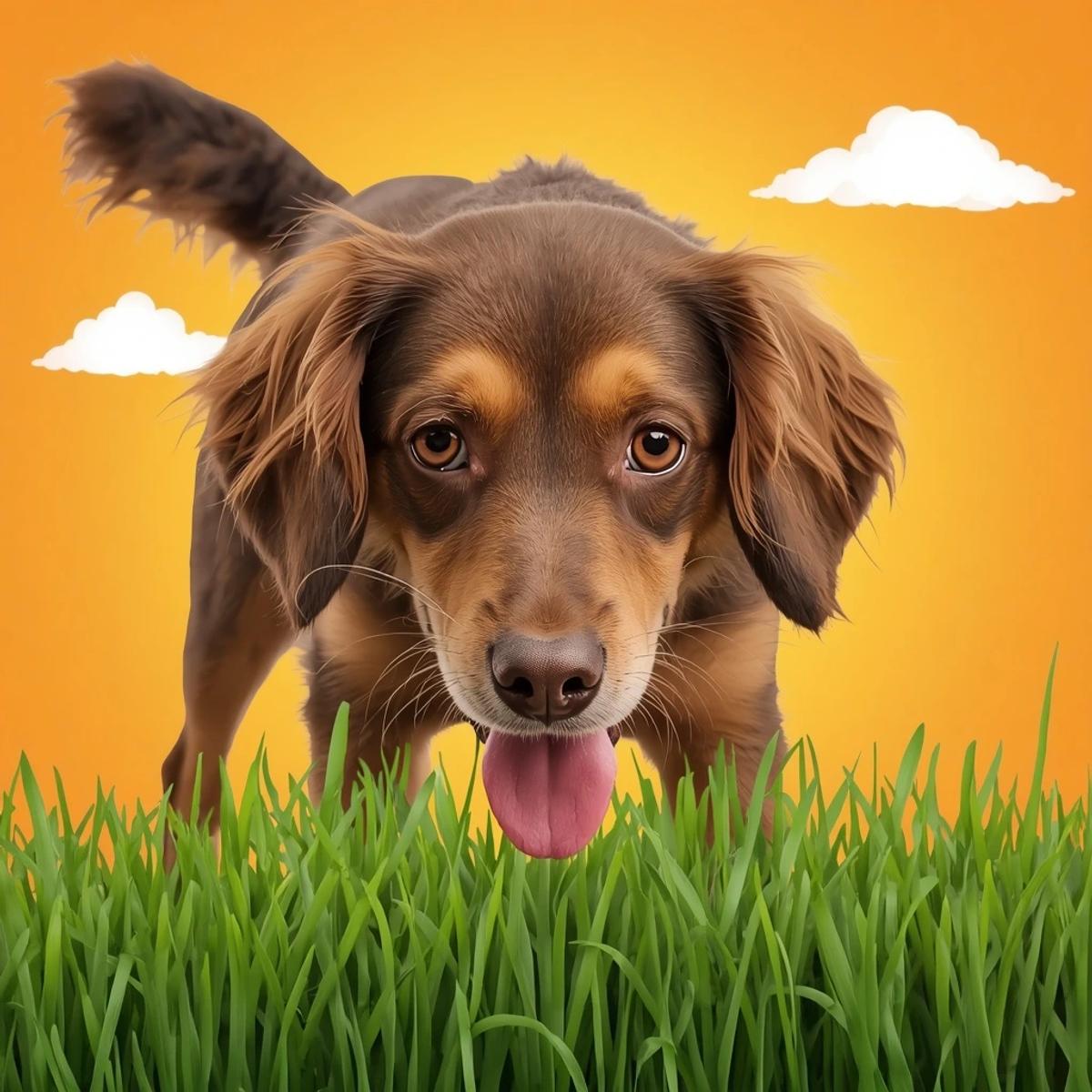 A brown dog standing in tall green grass against a bright orange and yellow sky with small white clouds