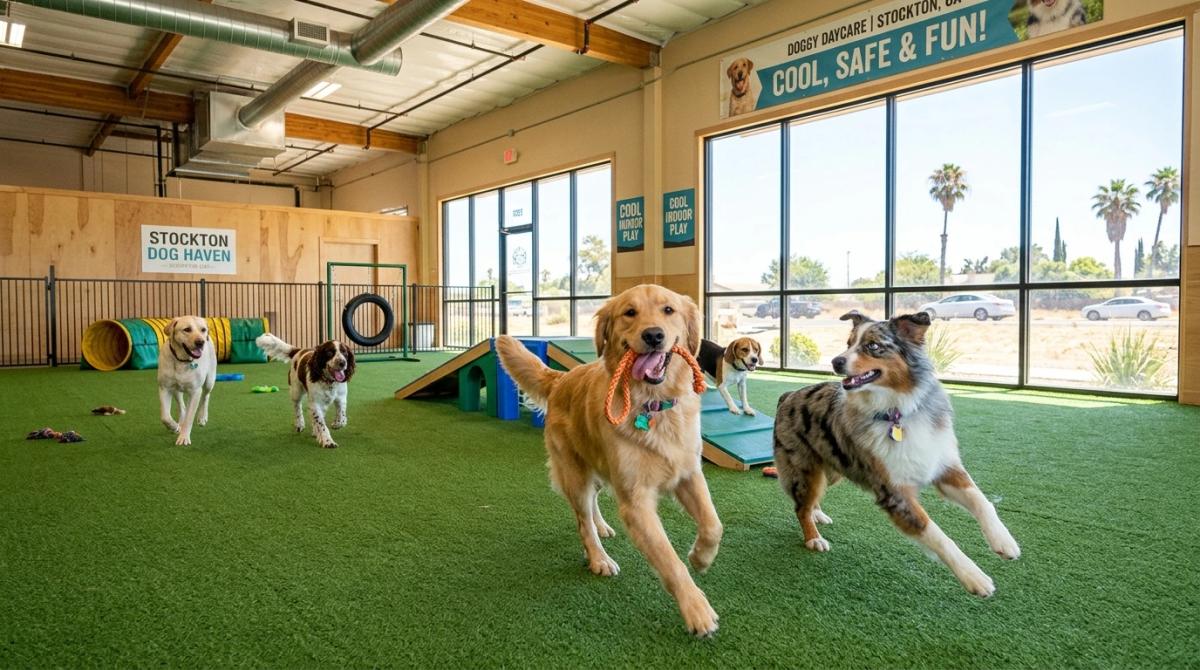 A Golden Retriever and an Australian Shepherd running and playing on green synthetic sports turf inside a brightly lit, climate-controlled indoor dog daycare in Stockton, California, with a blazing hot sunny day visible through the large windows.