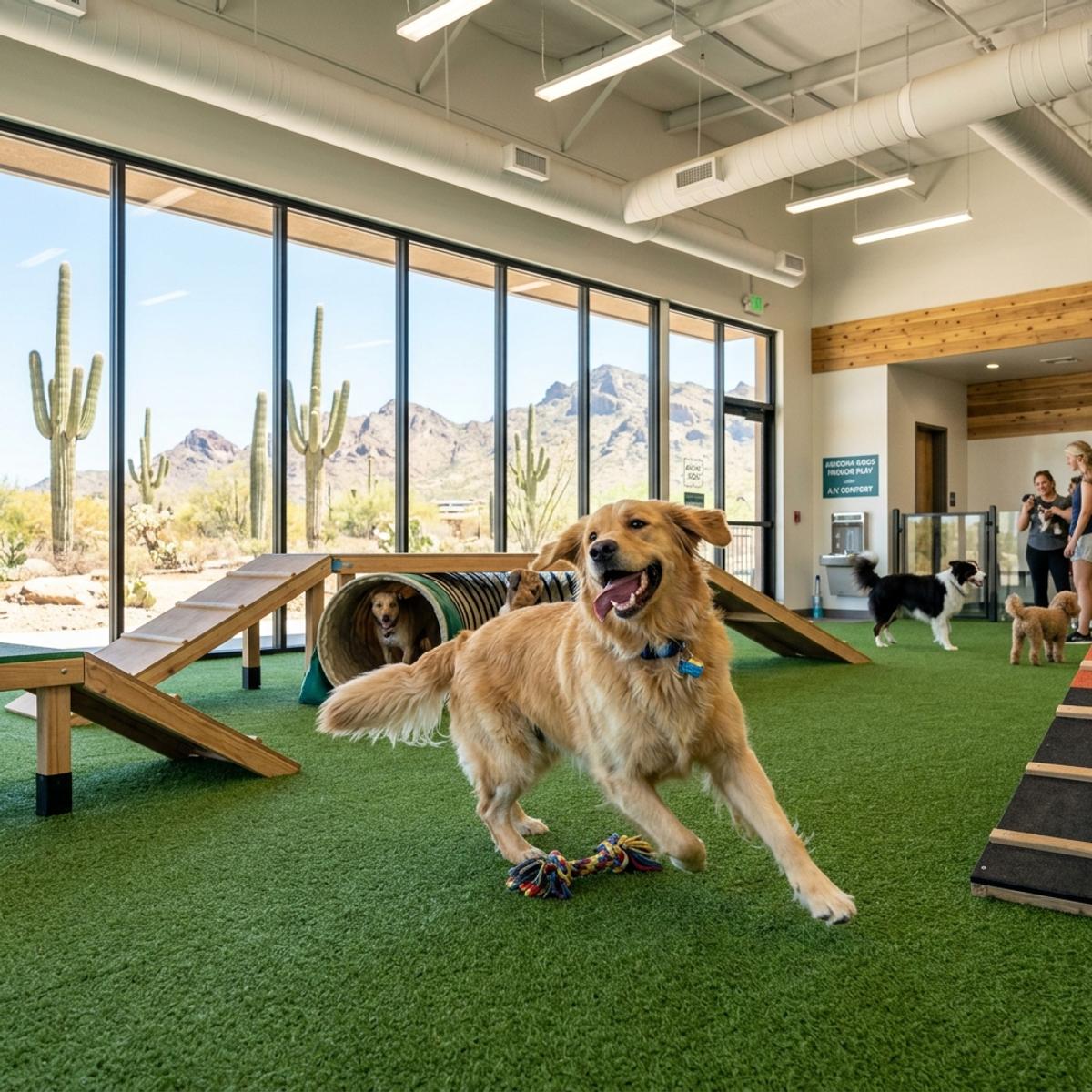A happy golden retriever running on green turf inside a bright, air-conditioned indoor dog park in Tucson, with large windows overlooking the sunny Arizona desert and saguaro cacti.