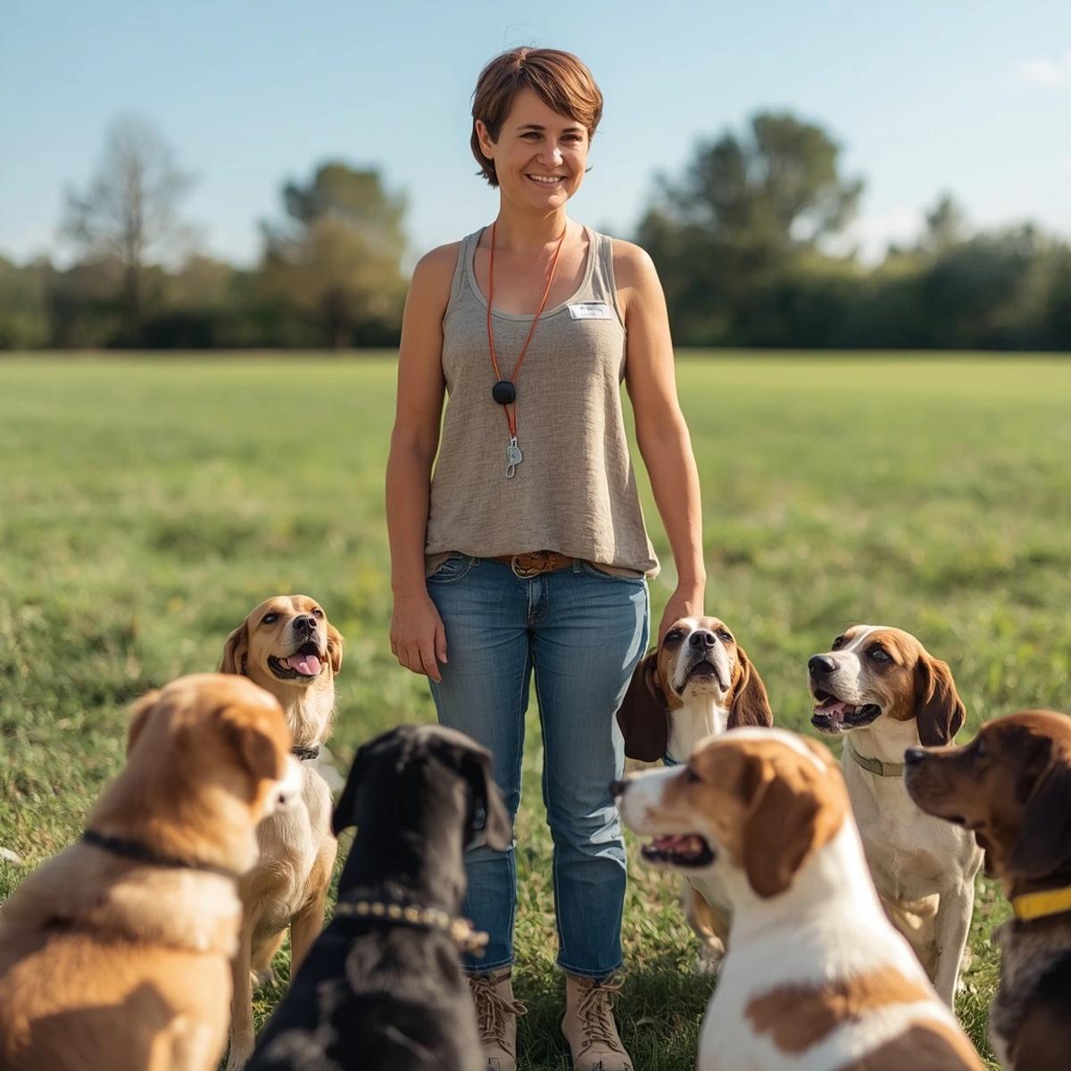 A smiling female certified dog trainer standing in a sunny grassy field, wearing a training clicker around her neck, surrounded by an attentive group of mixed-breed dogs looking up at her.