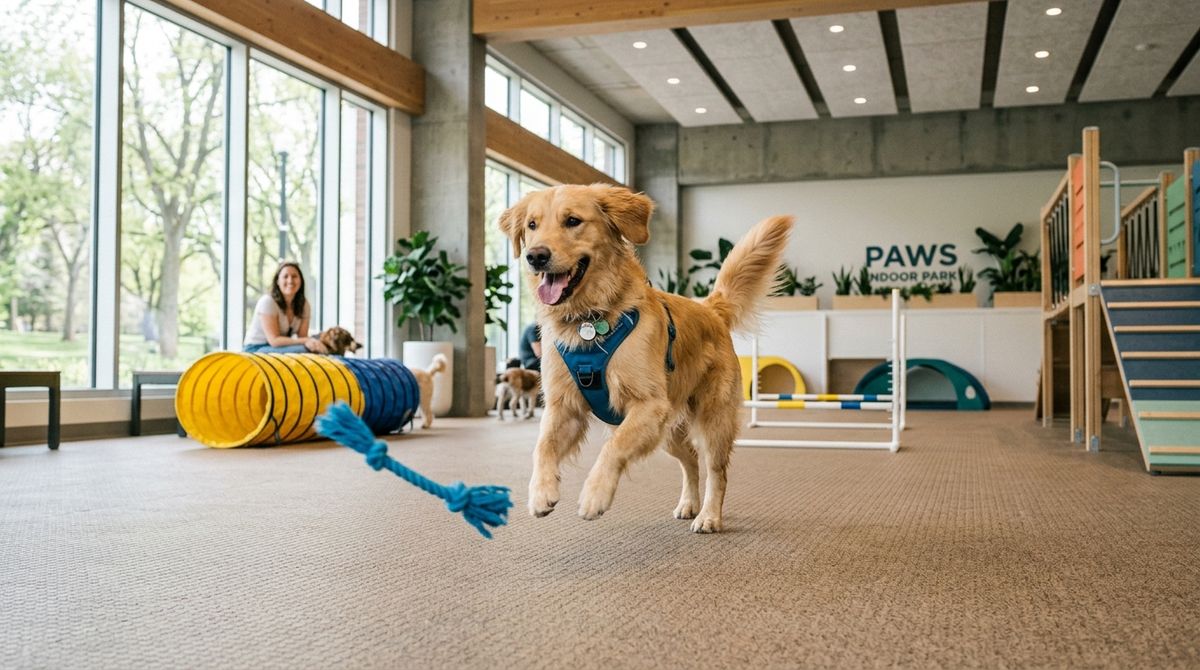 A happy Golden Retriever jumping and playing with a blue rope toy inside a bright, modern, climate-controlled indoor dog park with agility equipment.