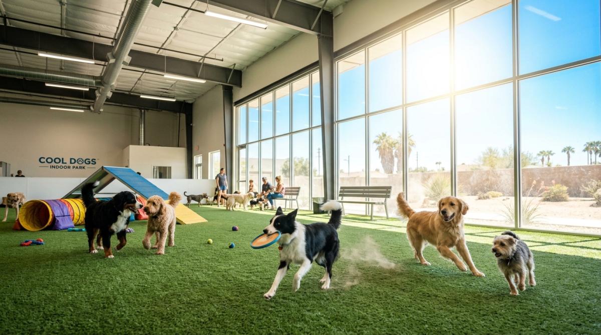 Several dogs, including a border collie and a golden retriever, playing happily on green artificial turf inside a large, air-conditioned indoor dog park facility, while a blazing hot California sun shines through massive windows in the background.