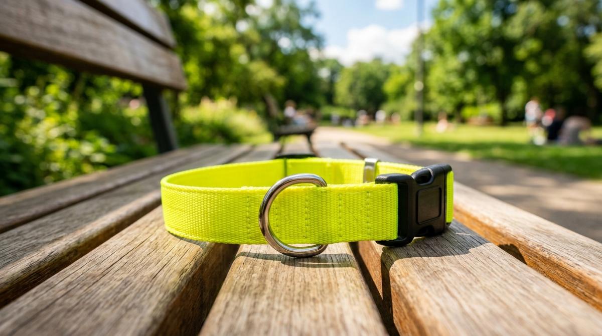 A bright neon yellow nylon dog collar resting on a wooden park bench with a sunny green park in the background.