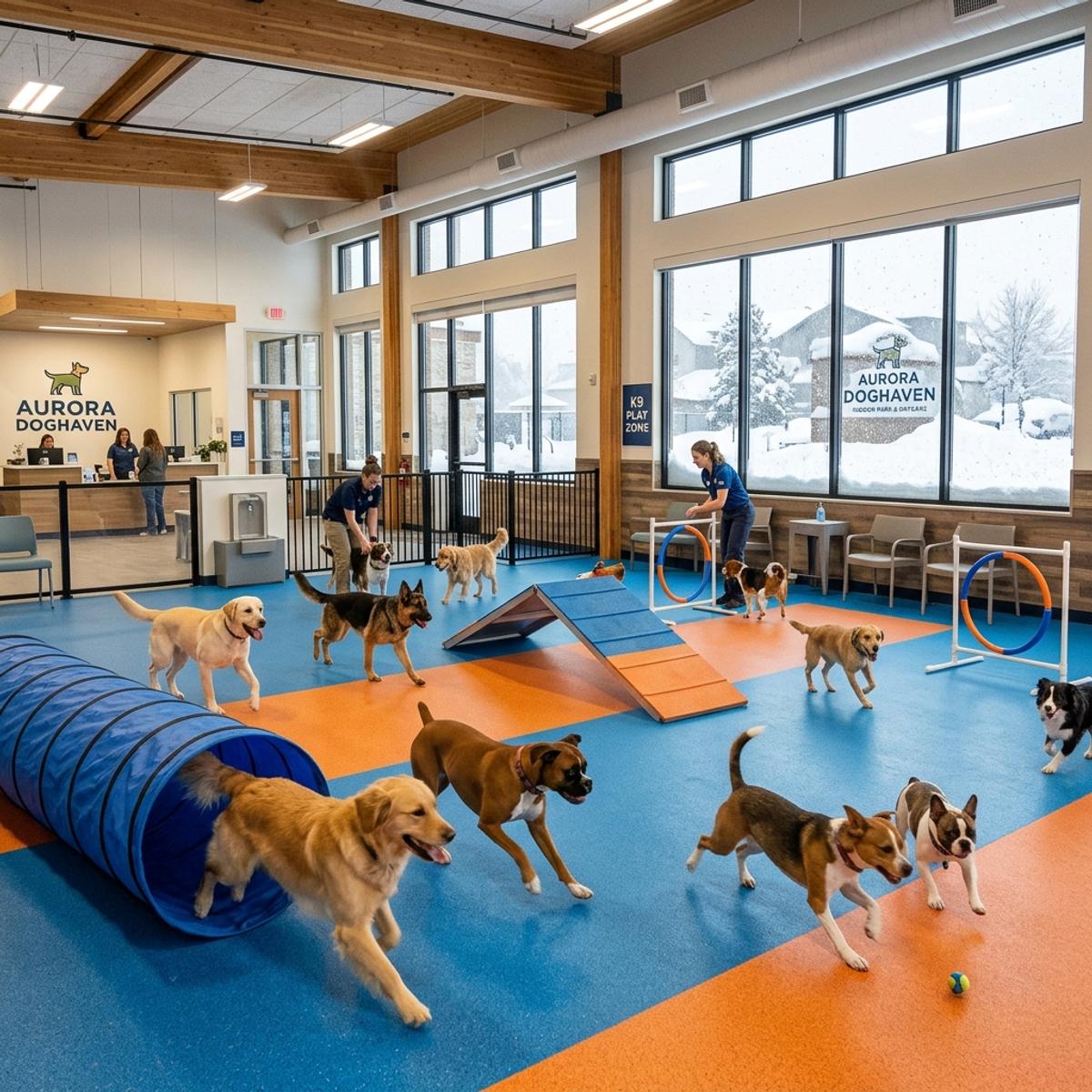 Various dog breeds playing on agility equipment inside a bright, modern indoor dog park in Aurora, CO, with heavy snow visible through large windows