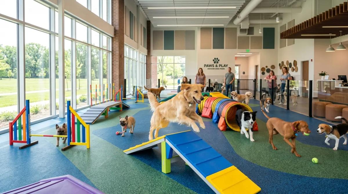 A vibrant and modern indoor dog park featuring happy dogs playing on colorful agility equipment with large windows and safe rubberized flooring.