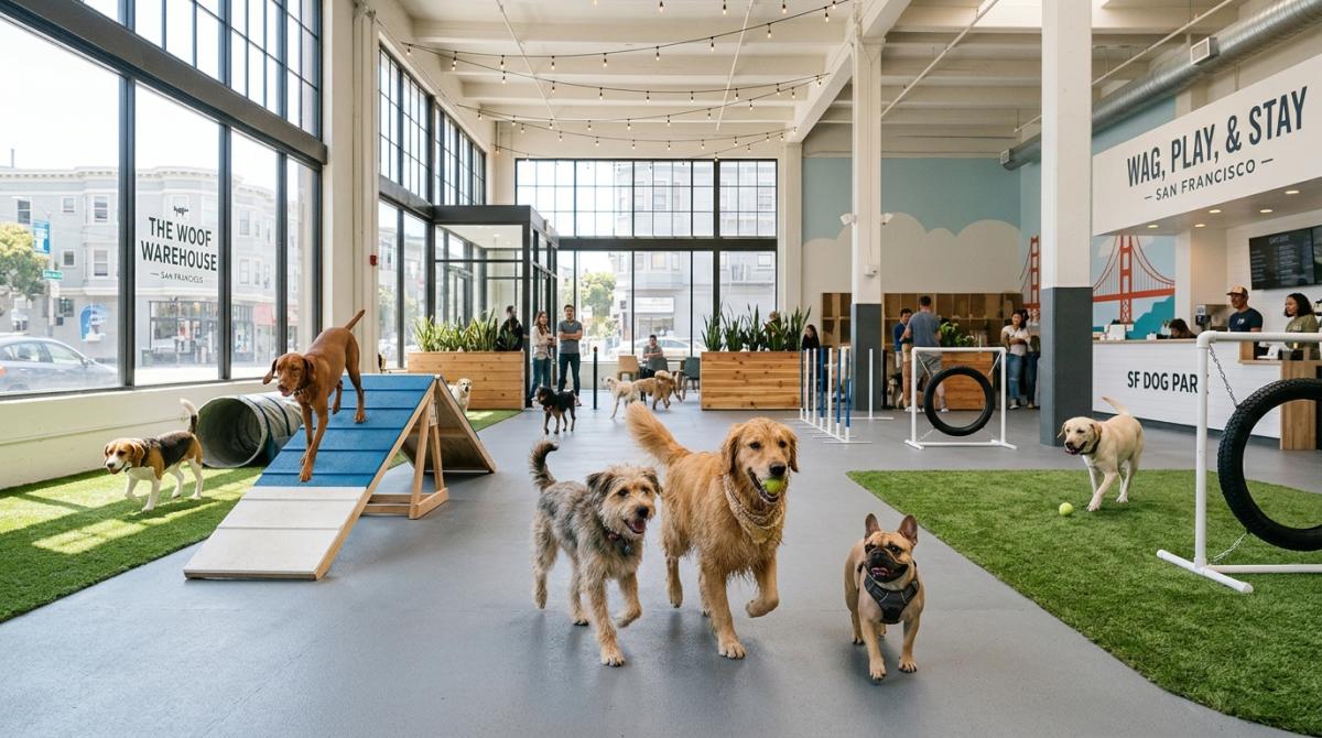 Happy dogs of various breeds playing together on agility equipment inside a bright, modern indoor dog park in San Francisco.